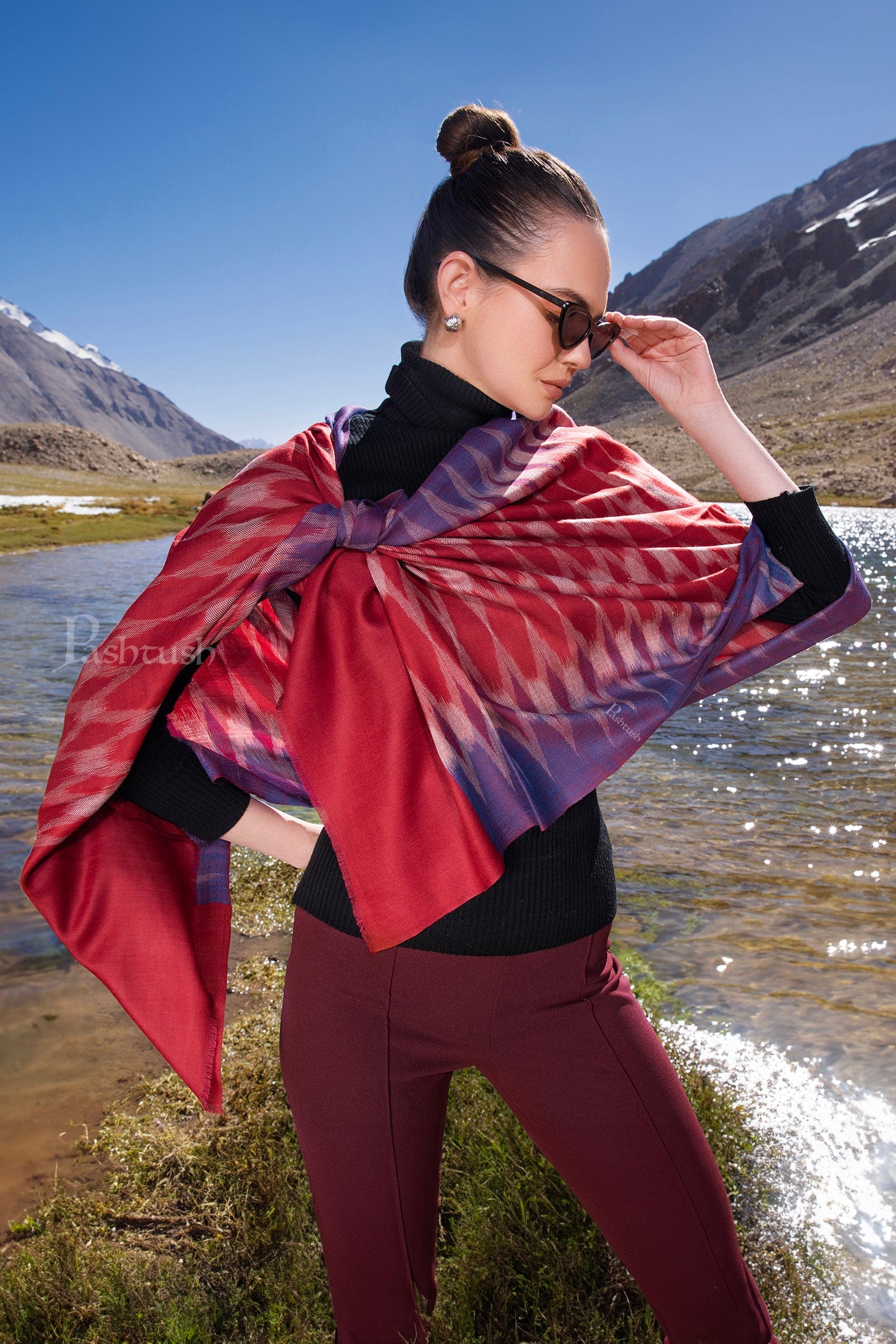 Pashtush Womens Handmade Cashmere Stole, Handwoven Ikkat Weave Design, Celestial Maroon - Image 2