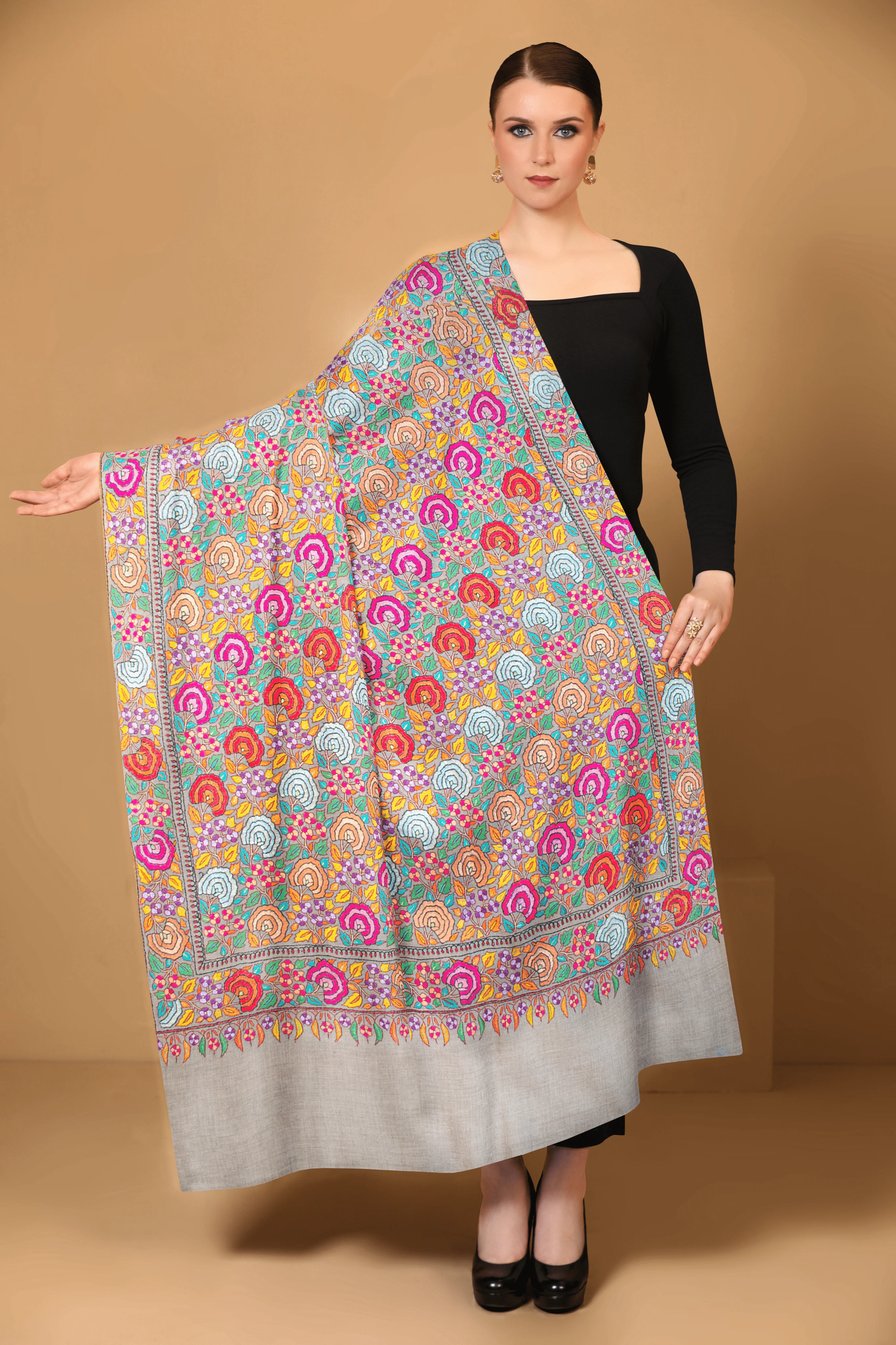 Pashtush Womens, Handmade Pashmina Embroidery Shawl, Gulaabdar Papier Mache Embroidery with Resham Threadwork - Image 3