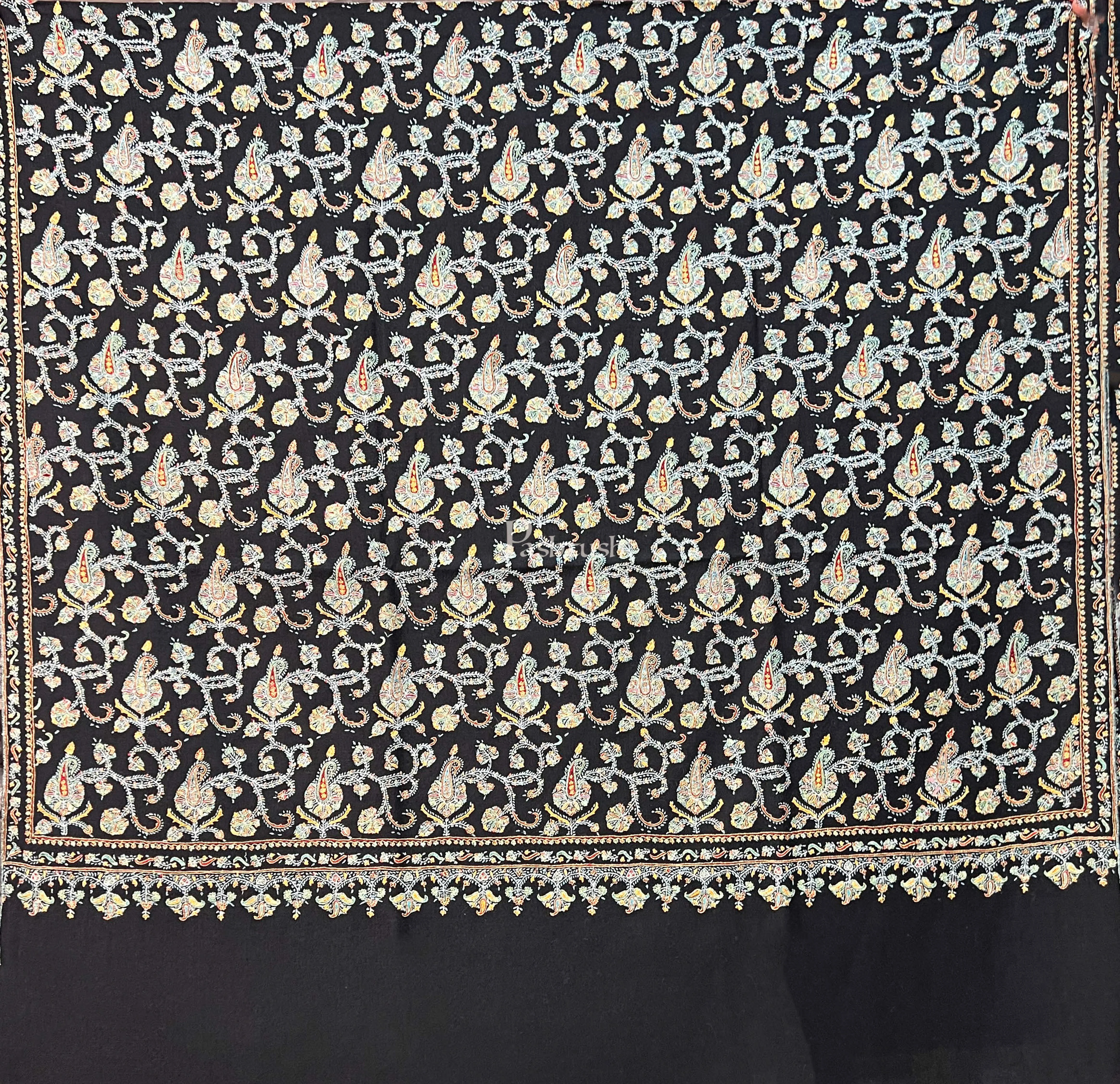 Pashtush Womens Handmade Pashmina Shawl, Kashmiri Sozni Embroidery, Black - Image 2