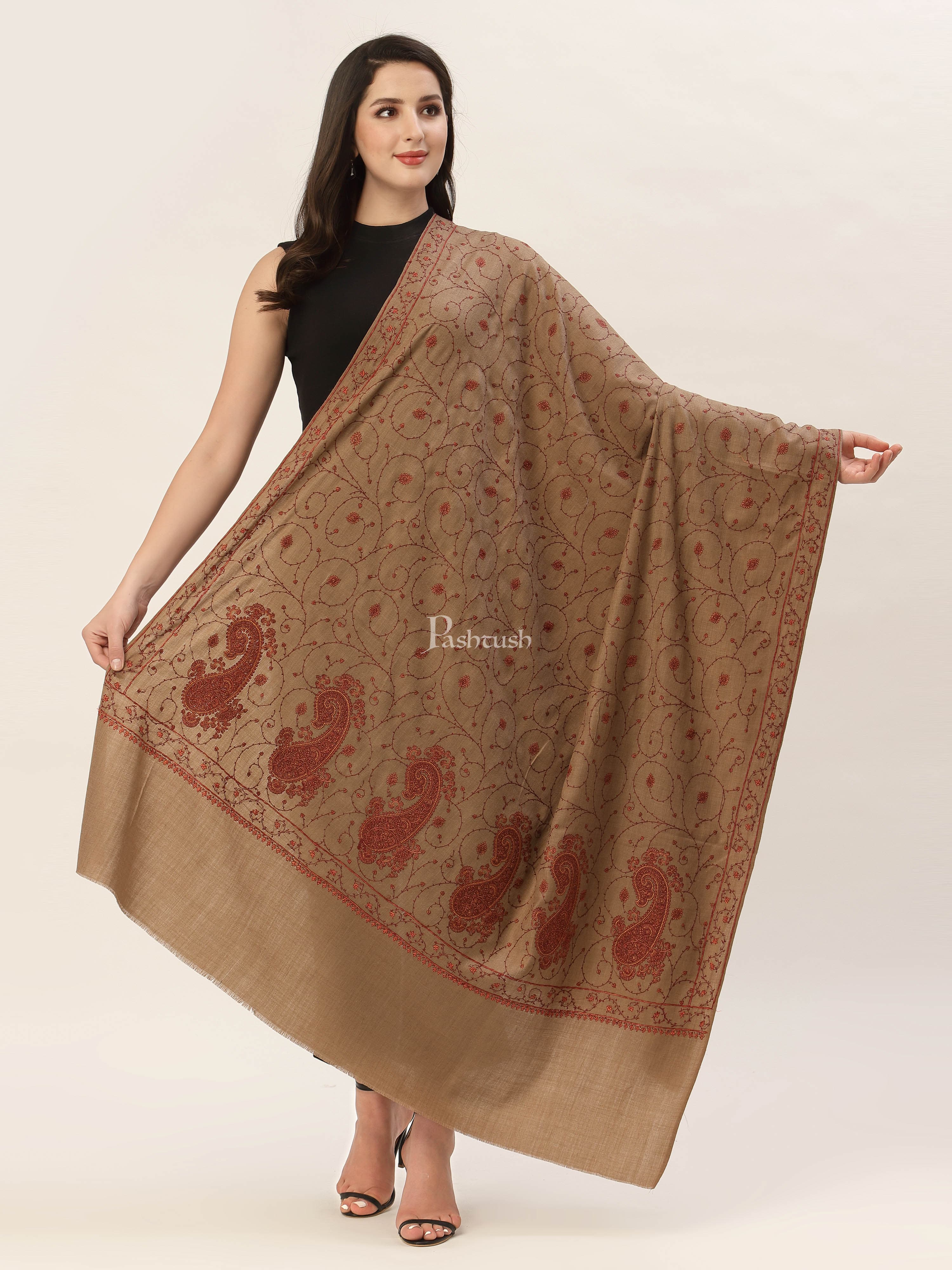 Pashtush Womens Jaal Embroidery Shawl, Large Size, Taupe - Image 3