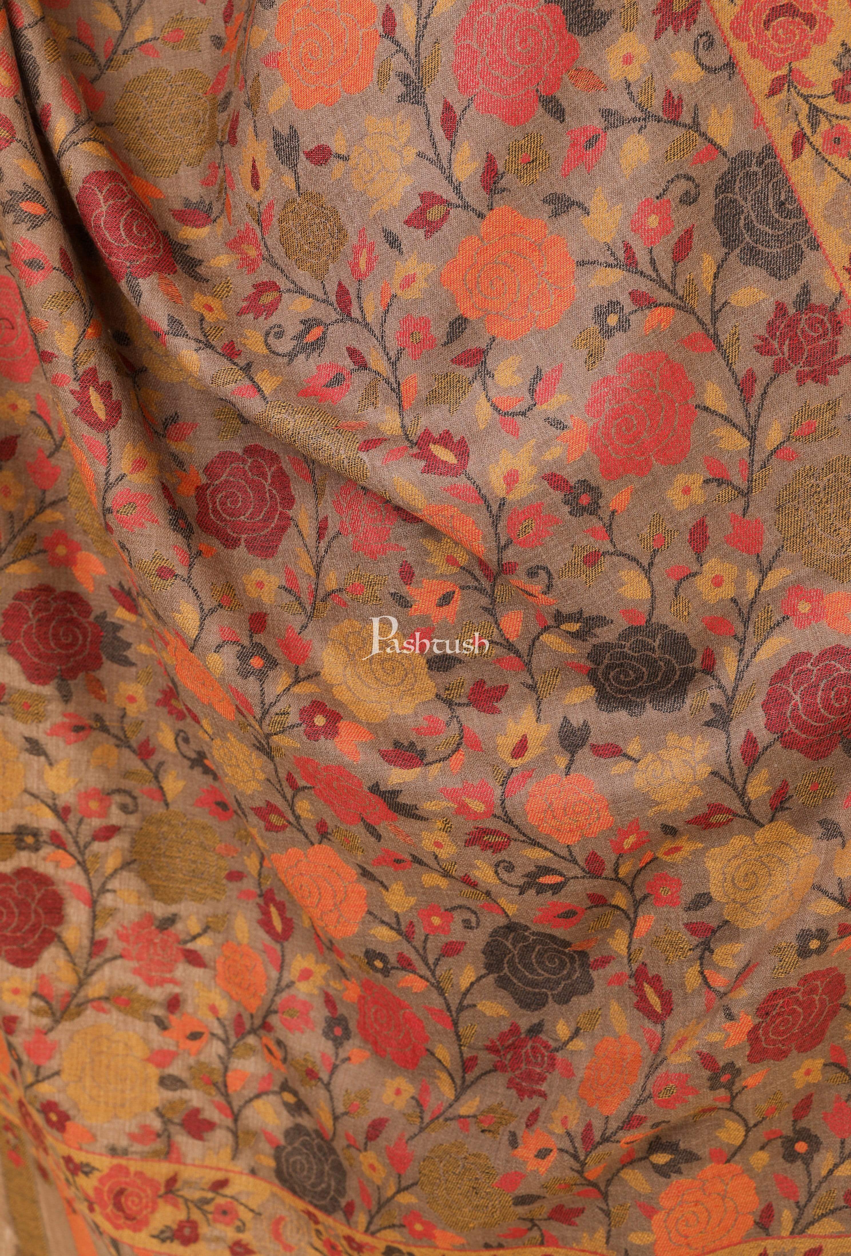 Pashtush Womens Stole, Gulaabdar Floral Weave, Fine Wool, Pastel Beige - Image 3