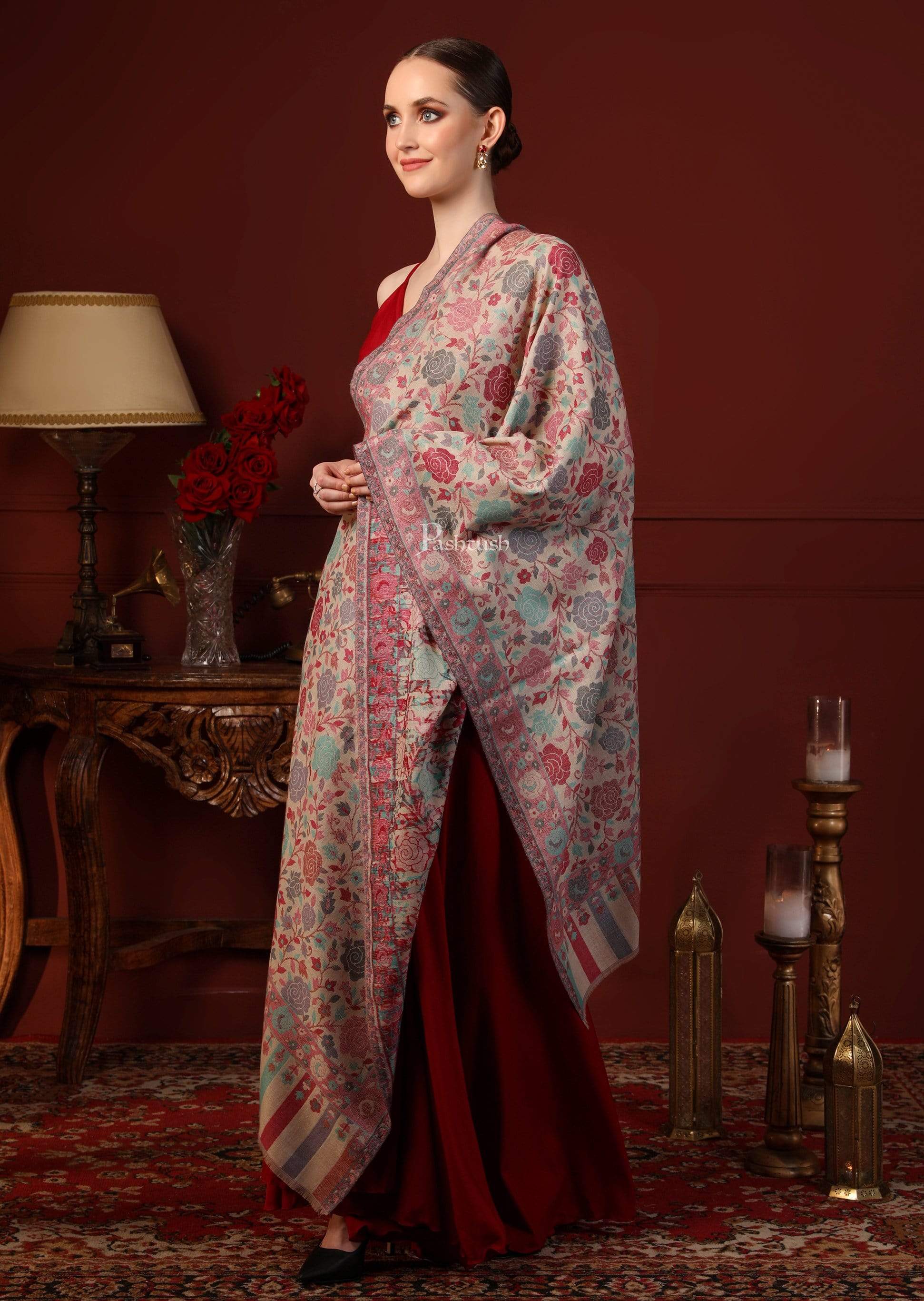 Pashtush Women's Jacquard Ethnic Light Weight Floral Stole, Multicolour - Image 4