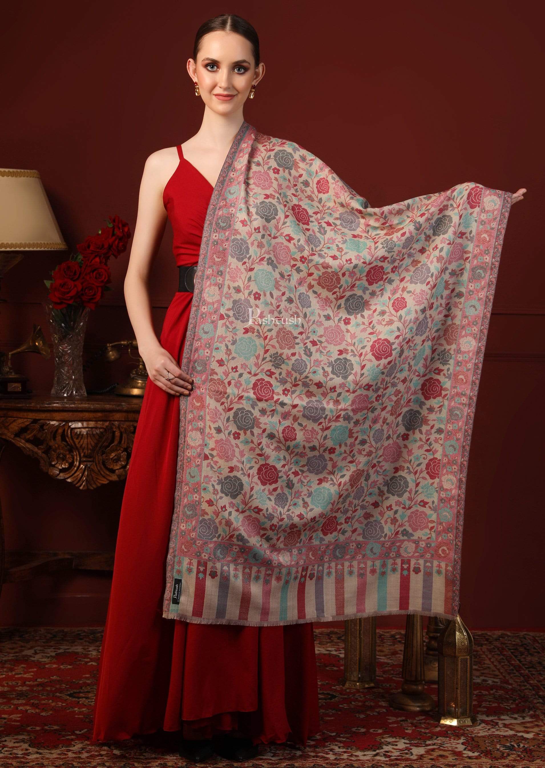 Pashtush Women's Jacquard Ethnic Light Weight Floral Stole , Multi-Coloured - Image 7