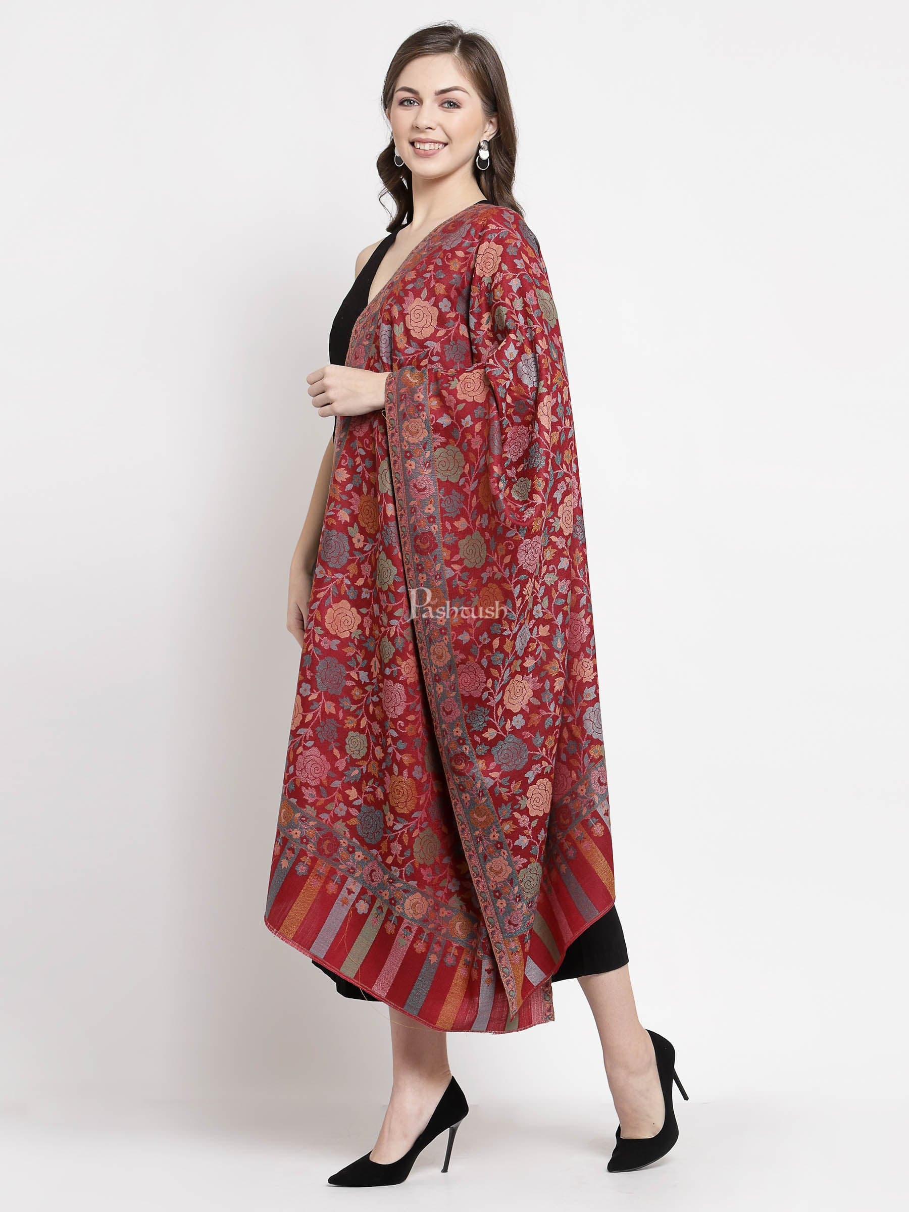 Pashtush Women's Floral, Fine Wool, Gulaabdar, Stole , Maroon - Image 4