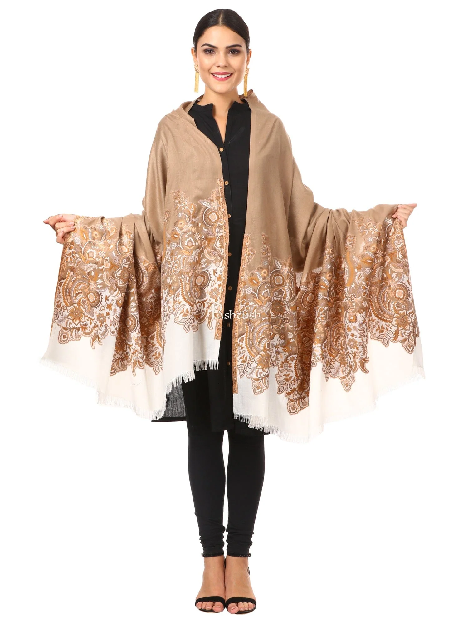 Pashtush Women'S Jacquard Palla Shawl, Warm And Soft, Faux Pashmina Beige - Image 6