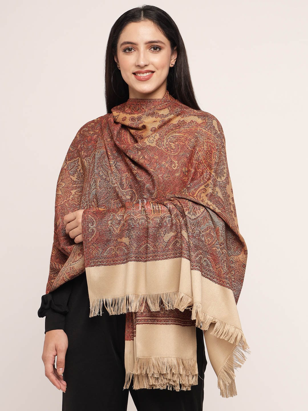 Pashtush Women's Reversible Jamawar Shawl, Brown - Image 4
