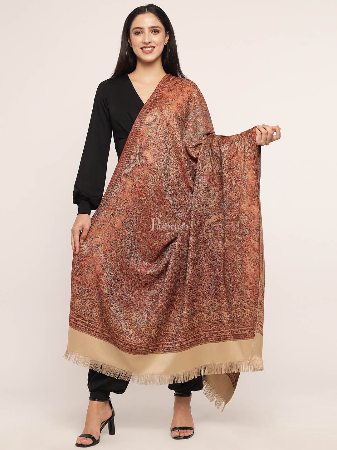 Pashtush Women's Jamawar Reversible Shawl, Beige - Image 2