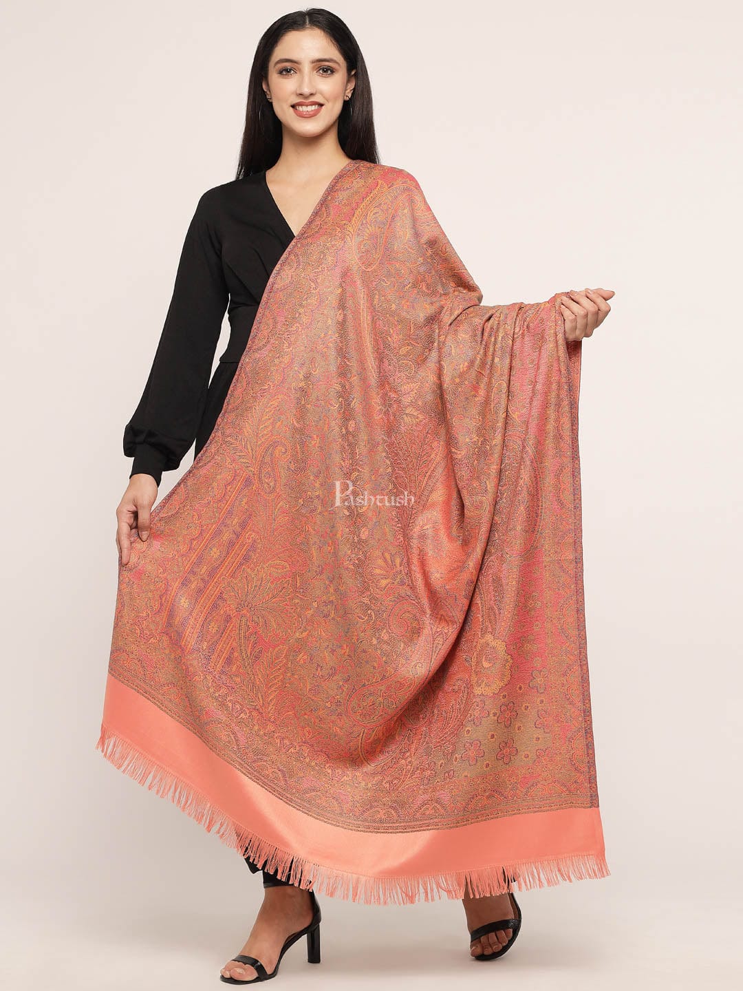Pashtush Women's Jamawar Reversible Shawl, Peach - Image 2