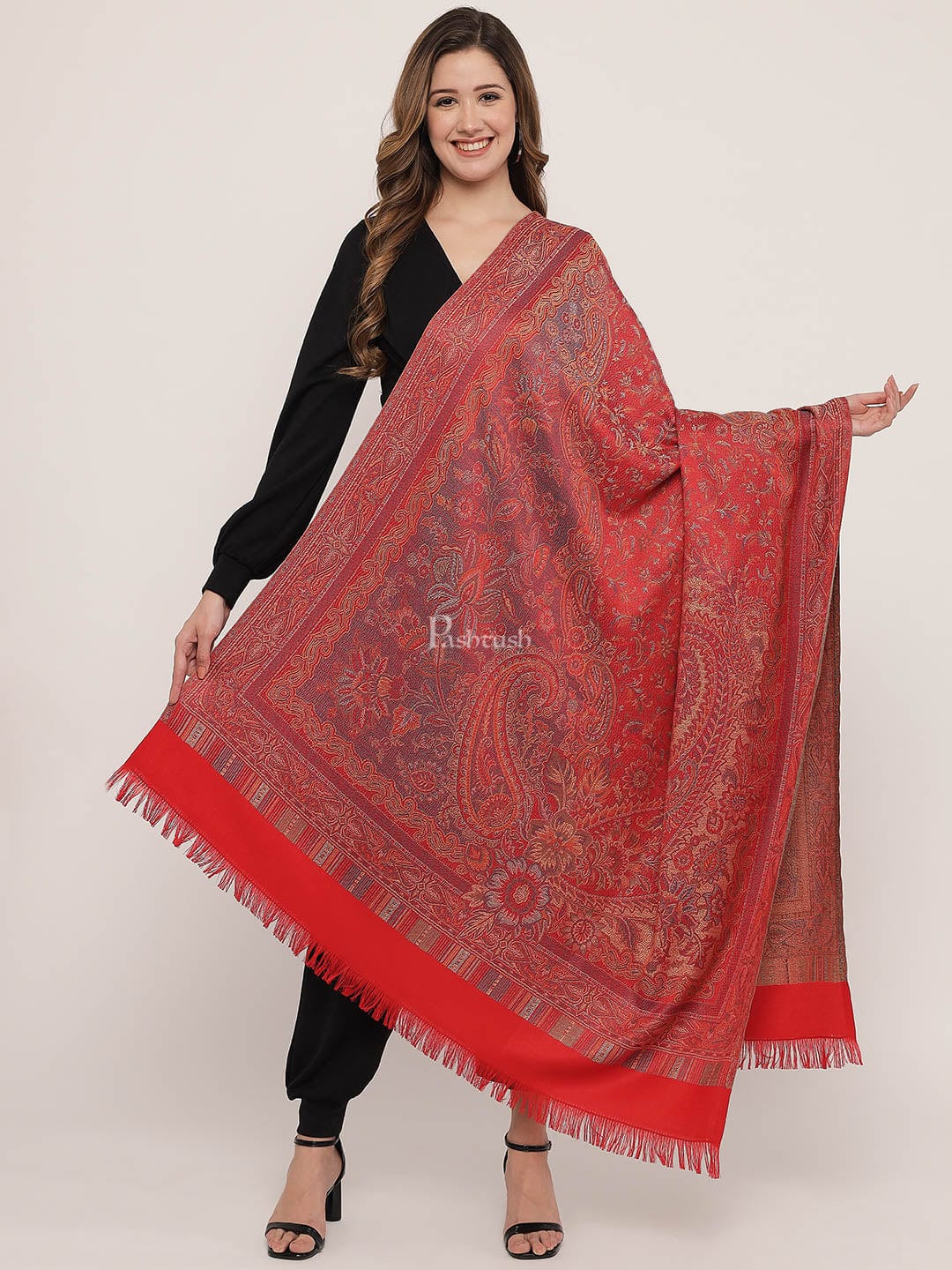 Pashtush Women'S Jamawar Shawl, Red - Image 2