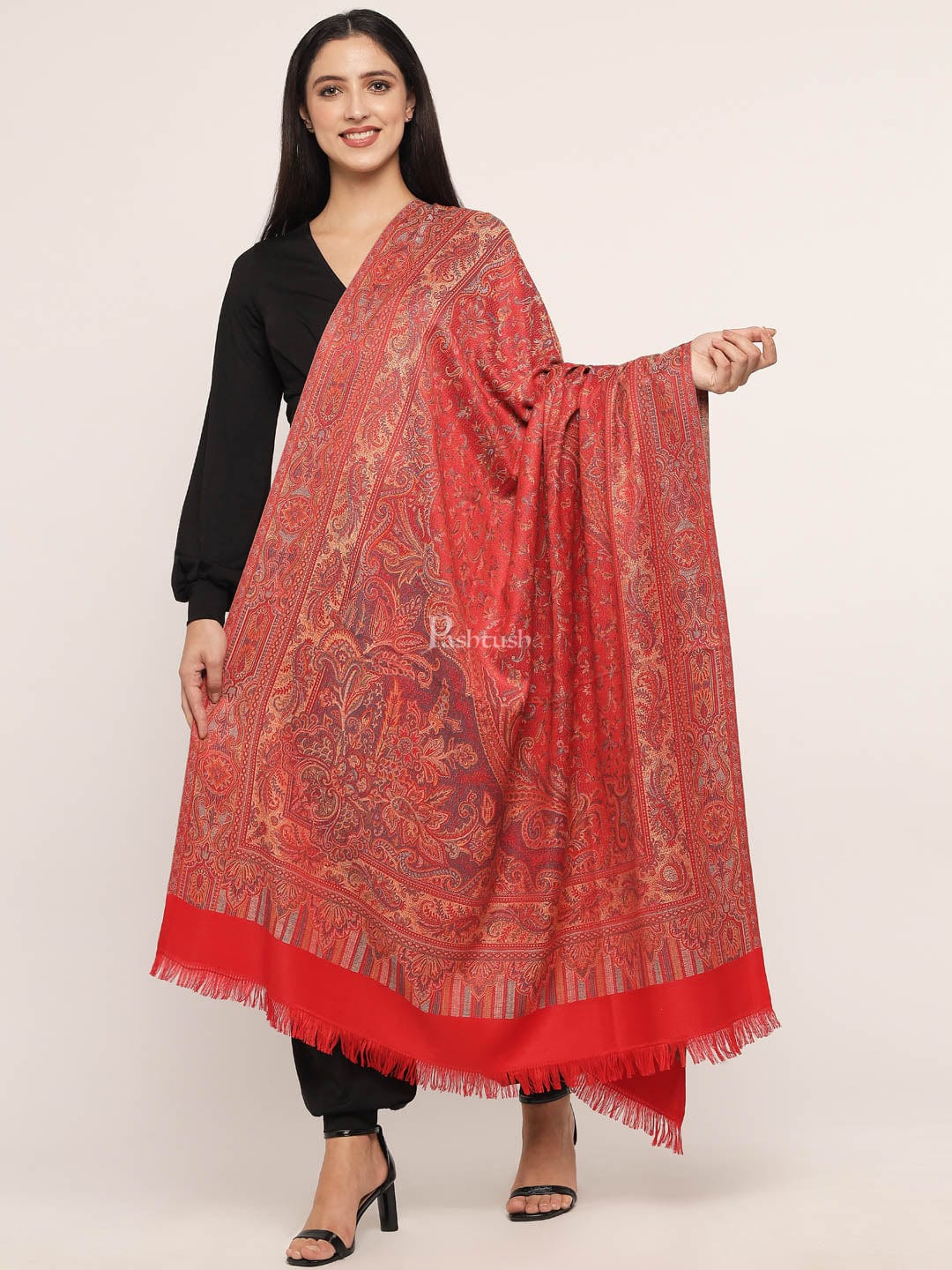 Pashtush Women's Jamawar Shawl, Red - Image 2