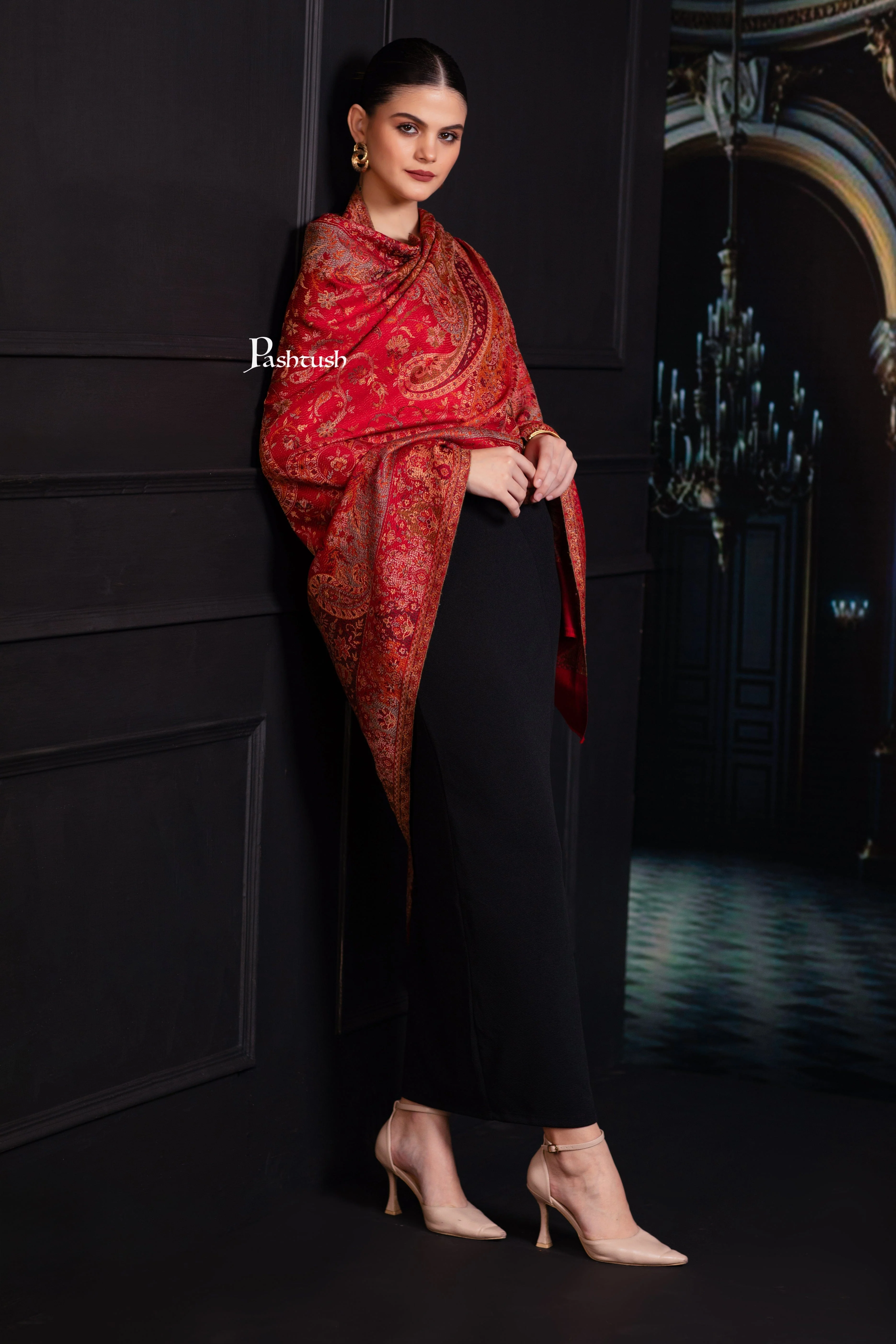 Pashtush Womens Jamawar Shawl, Ethnic Paisley Design, Maroon - Image 5