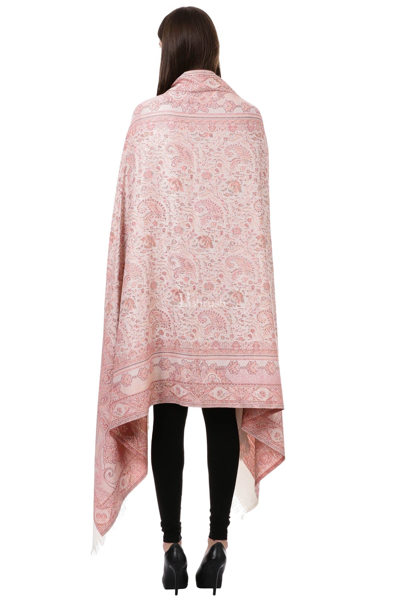 Pashtush Women's Jamawar Shawl, Ivory And Pink - Image 4