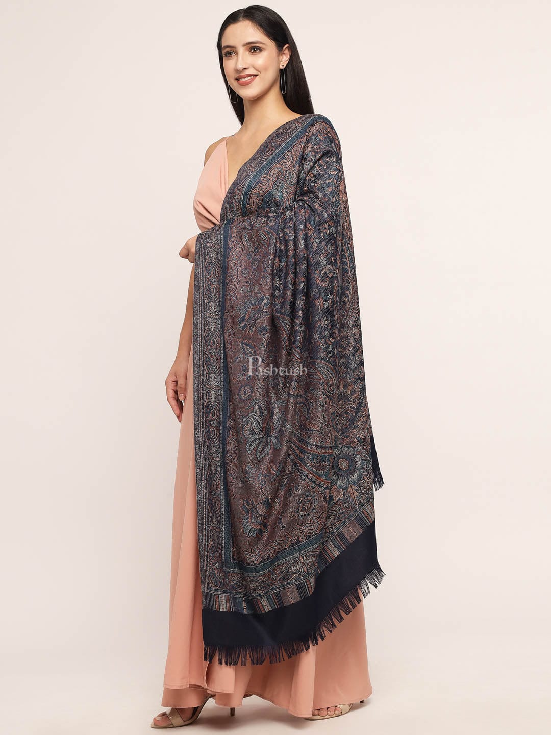 Pashtush Women'S Jamawar Shawl, Navy Blue - Image 5