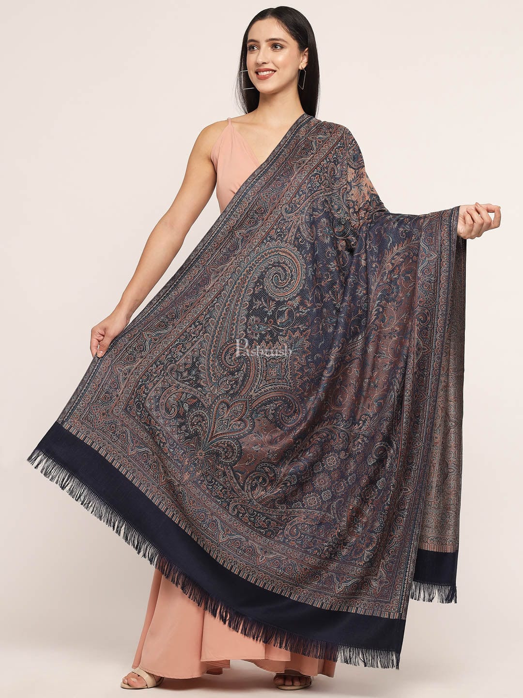 Pashtush Women'S Jamawar Shawl, Navy Blue - Image 3