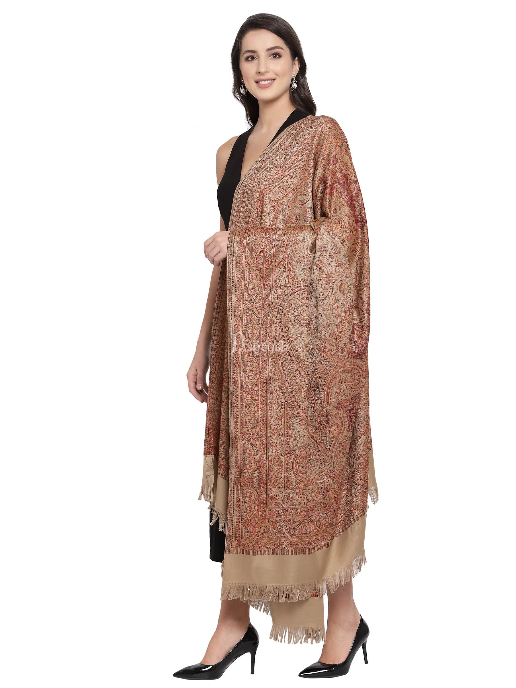 Pashtush Women'S Jamawar Shawl, Soft And Warm Earthy Beige - Image 4