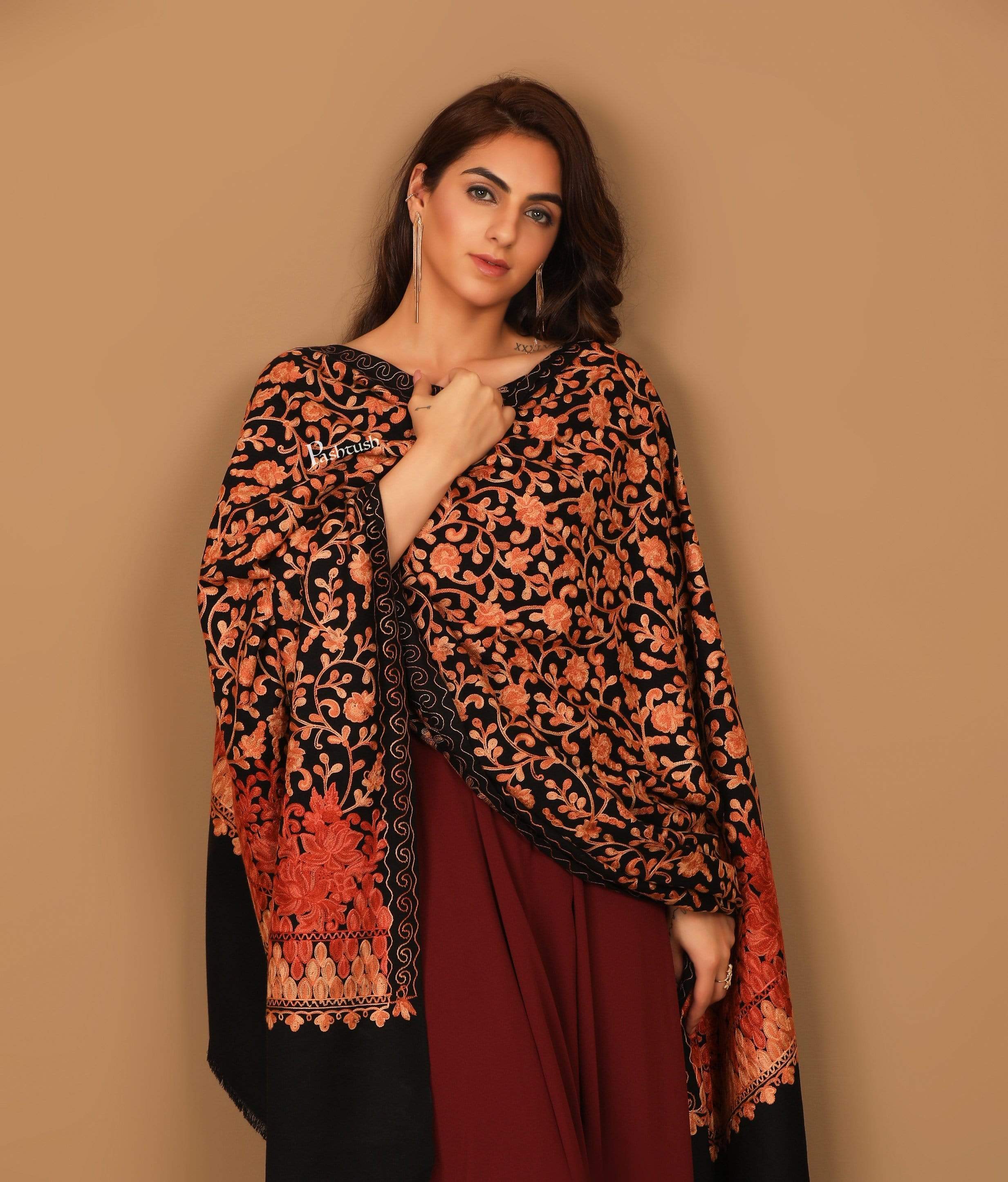 Pashtush Womens Jamawar Shawl With Hand Aari Embroidery, Silky Threadwork - Soft Faux Pashmina - Image 6
