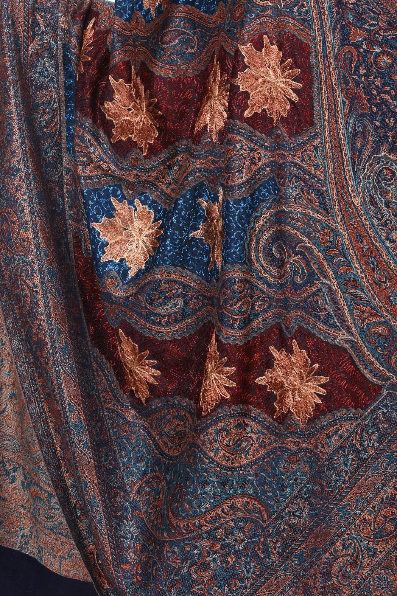 Pashtush Womens Jamawar Shawl With Hand Aari Embroidery, Silky Threadwork - Soft Faux Navy - Image 2