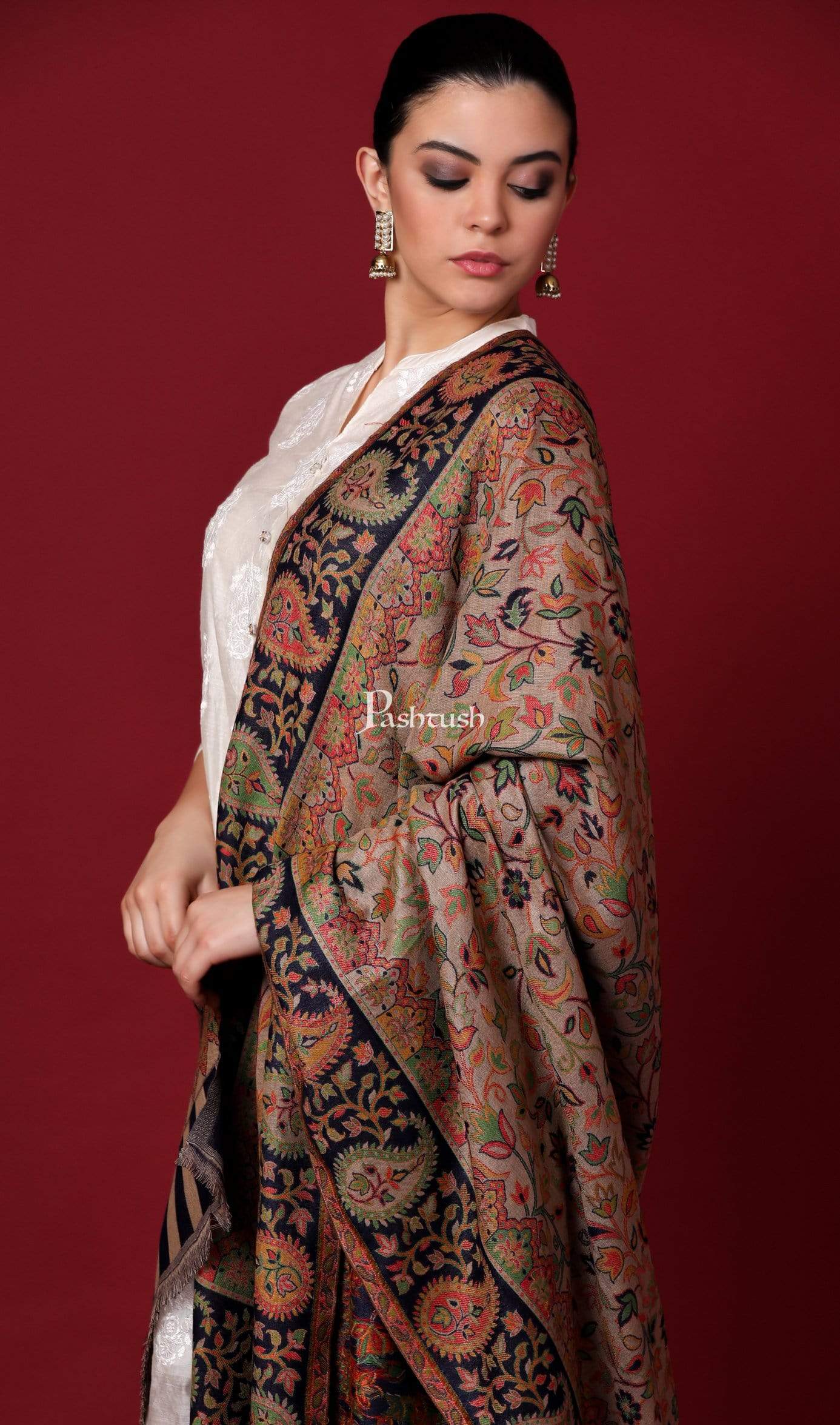 Pashtush Womens Ethnic Shawl, Faux Pashmina, Soft And Warm, Beige And Black - Image 4