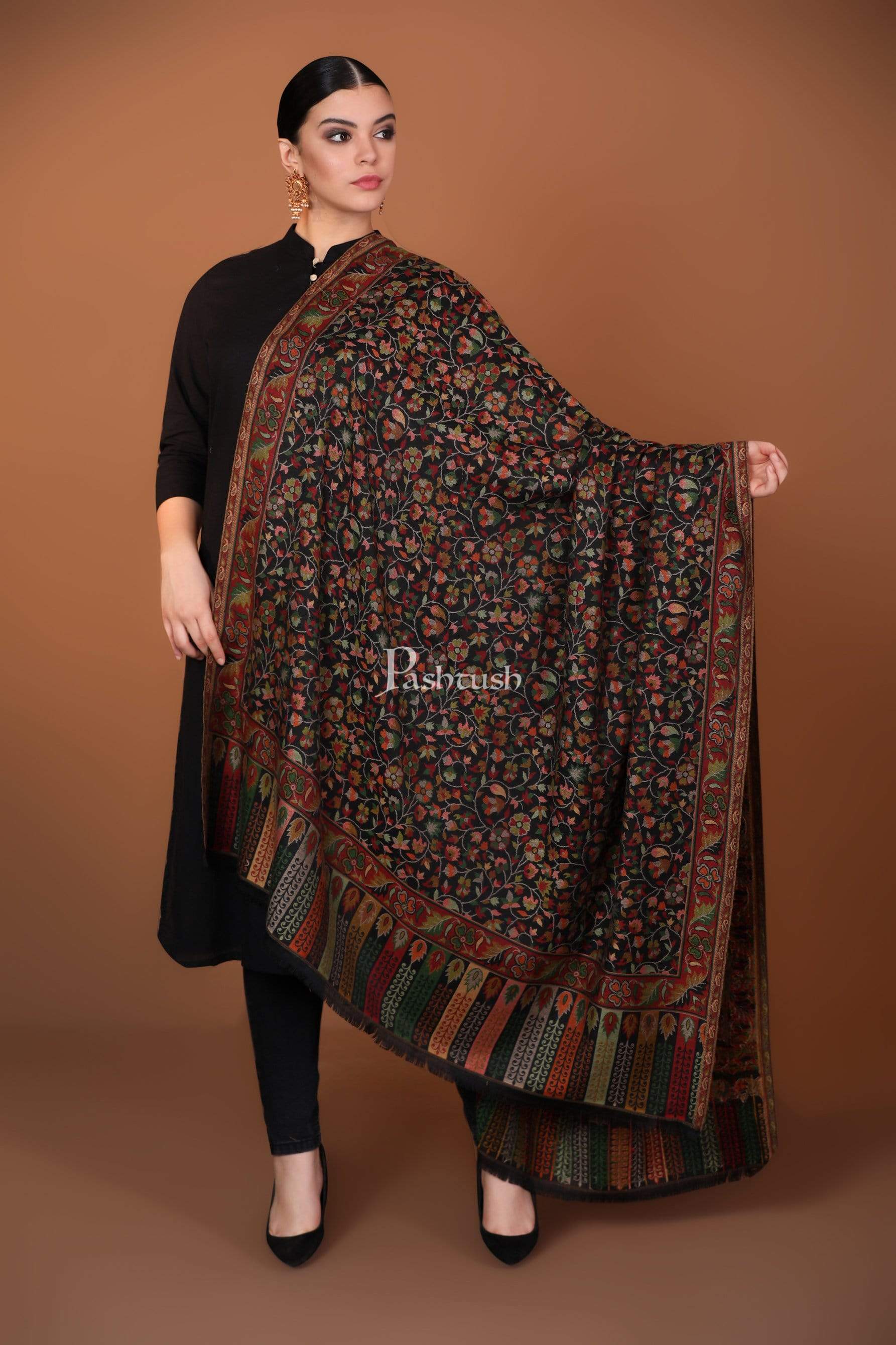 Pashtush Women Black Ethnic Motifs Woven Design Designer Shawl - Image 5