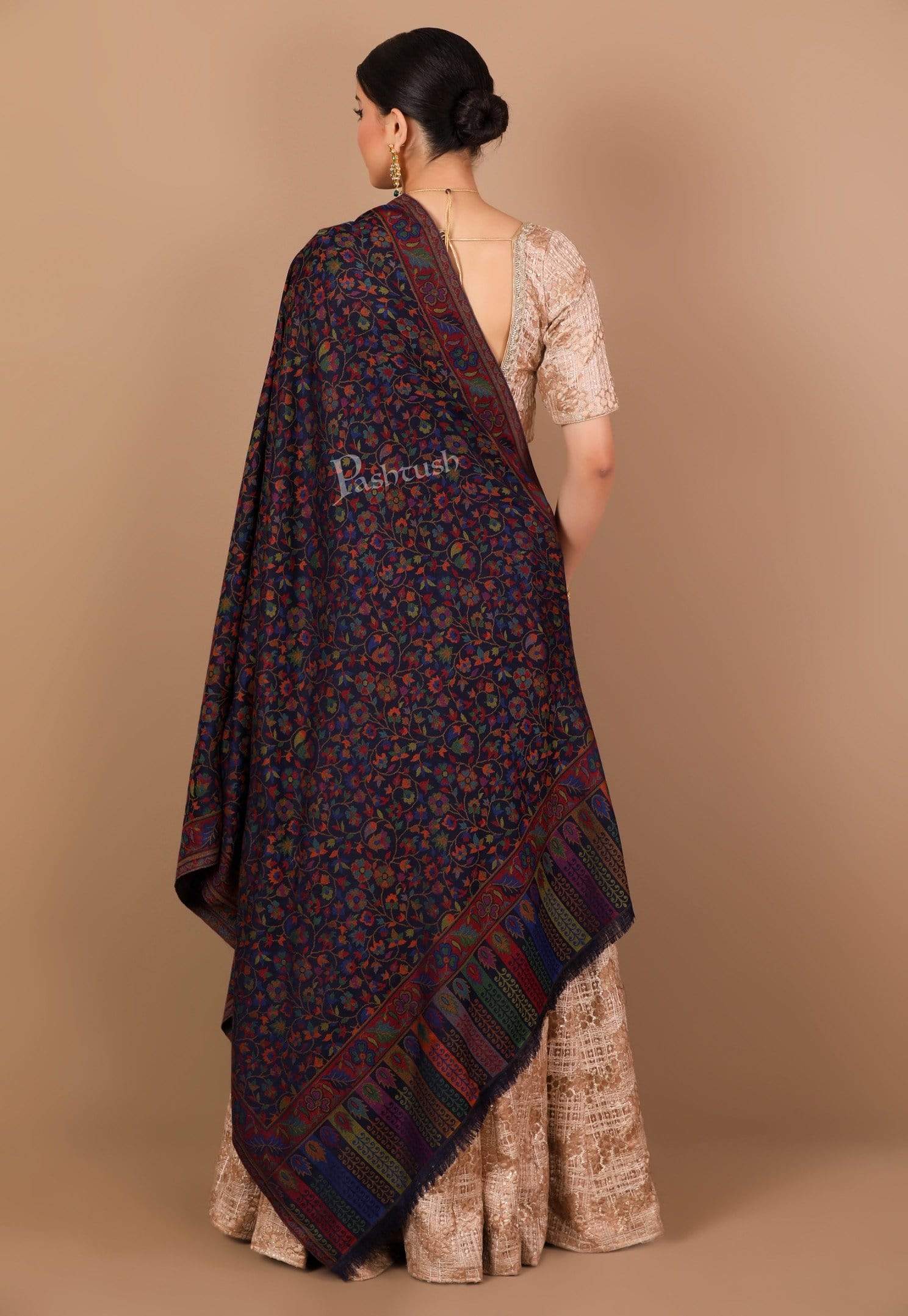 Pashtush Women Navy Blue Rust Red Ethnic Motifs Woven Design Designer Shawl - Image 4