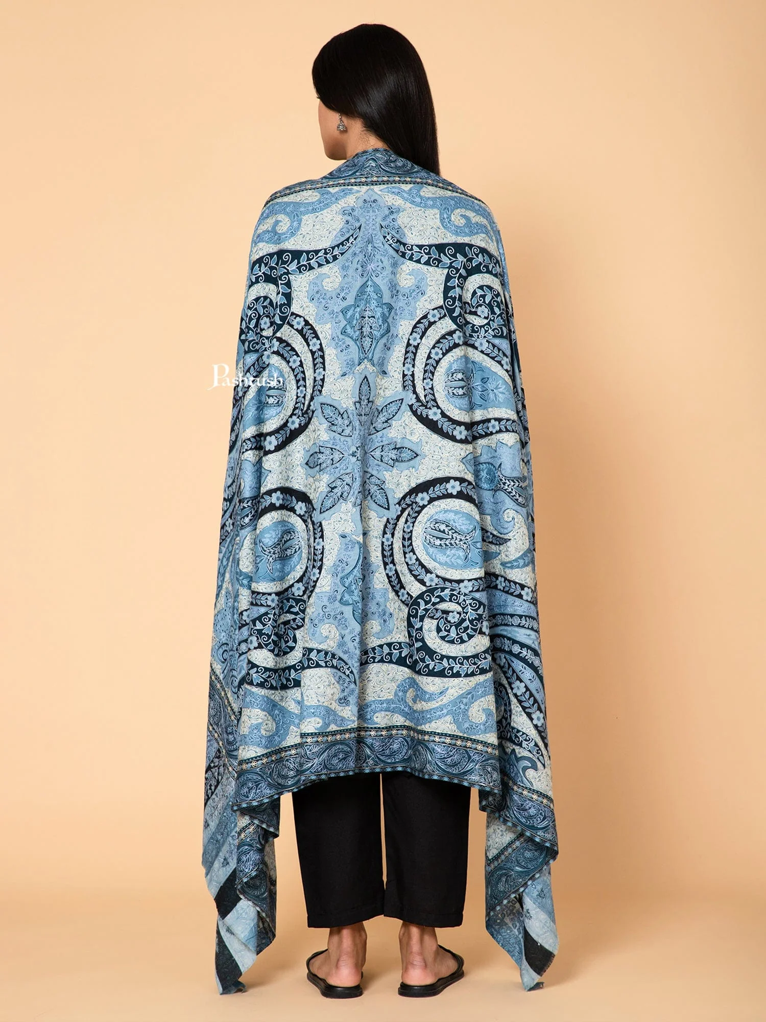Pashtush Womens Kalamkari Shawl, Outline Hand Embroidery, Intricate Paisley Work, Azure - Image 5