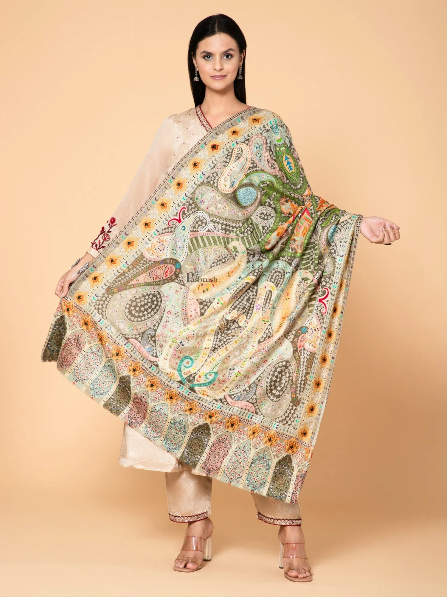 Pashtush Womens Kalamkari Shawl, Outline Hand Embroidery, Intricate Paisley Work, Azure Pastel Hues - Image 3