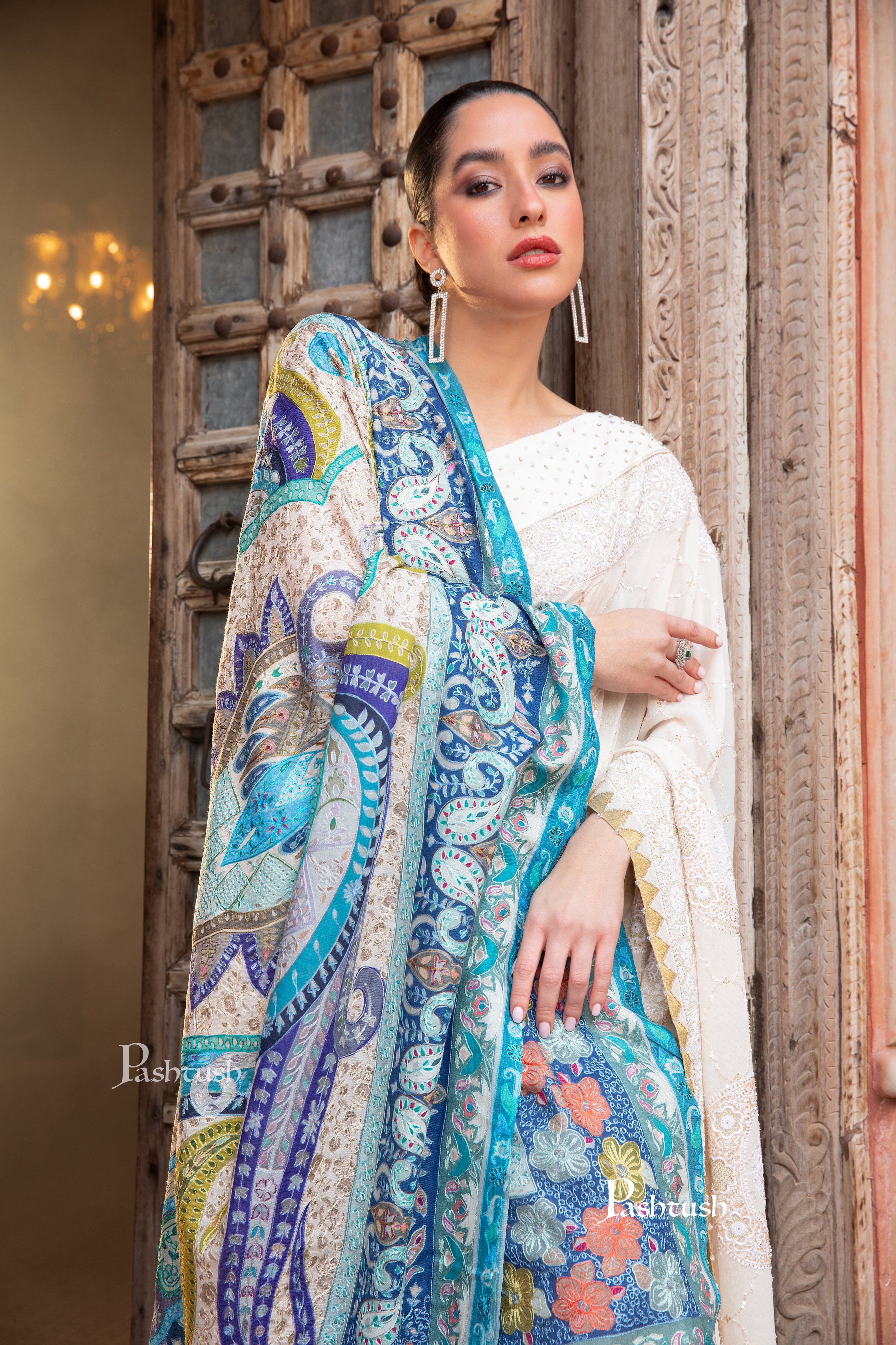 Pashtush Womens Kalamkari Shawl, Outlined Hand Embroidered, Fine Wool, Samarkand Blue - Image 3