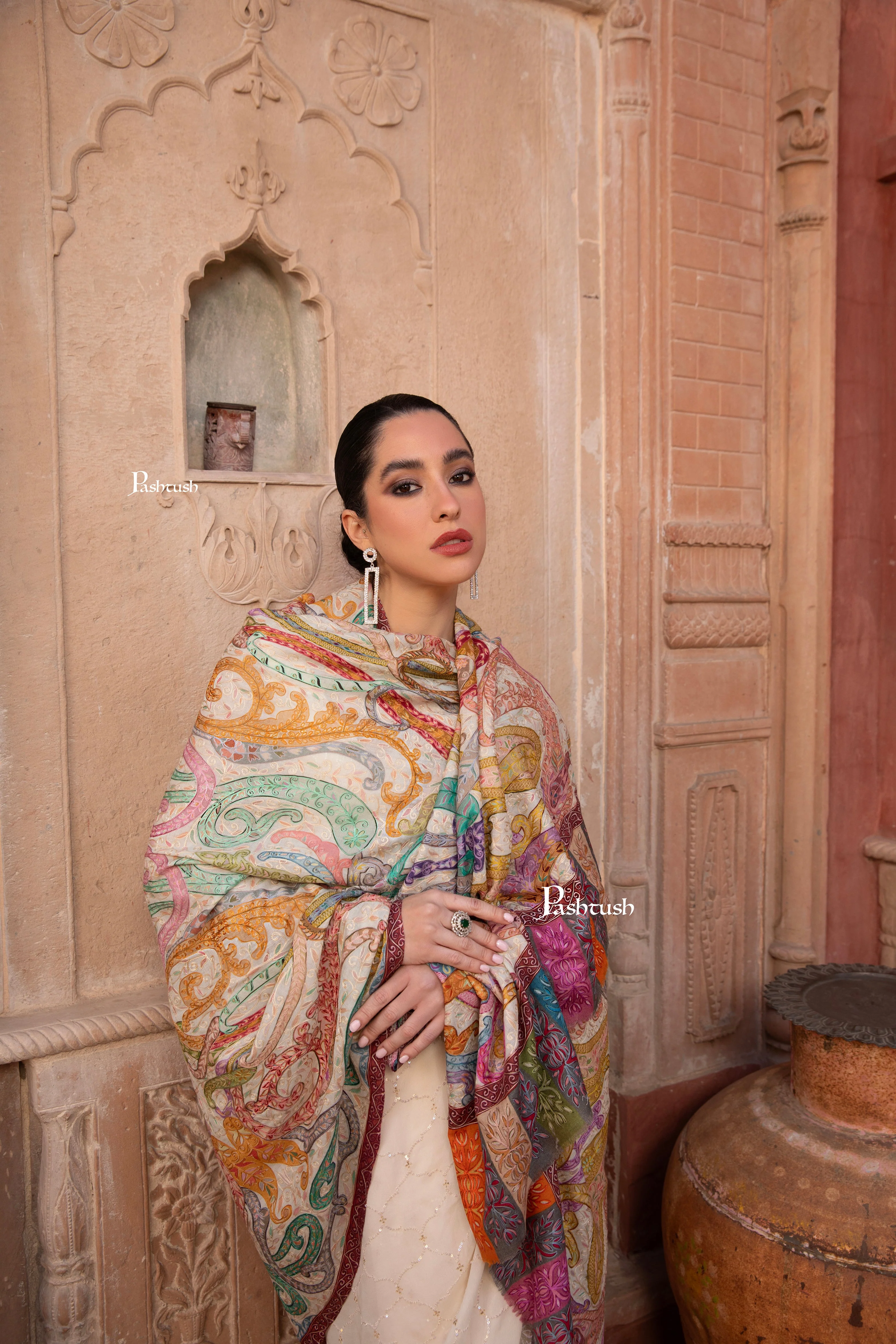 Pashtush Womens Kalamkari Shawl with Hand Embroidered Outline, Fine Wool, Dreamy Pastels - Image 5