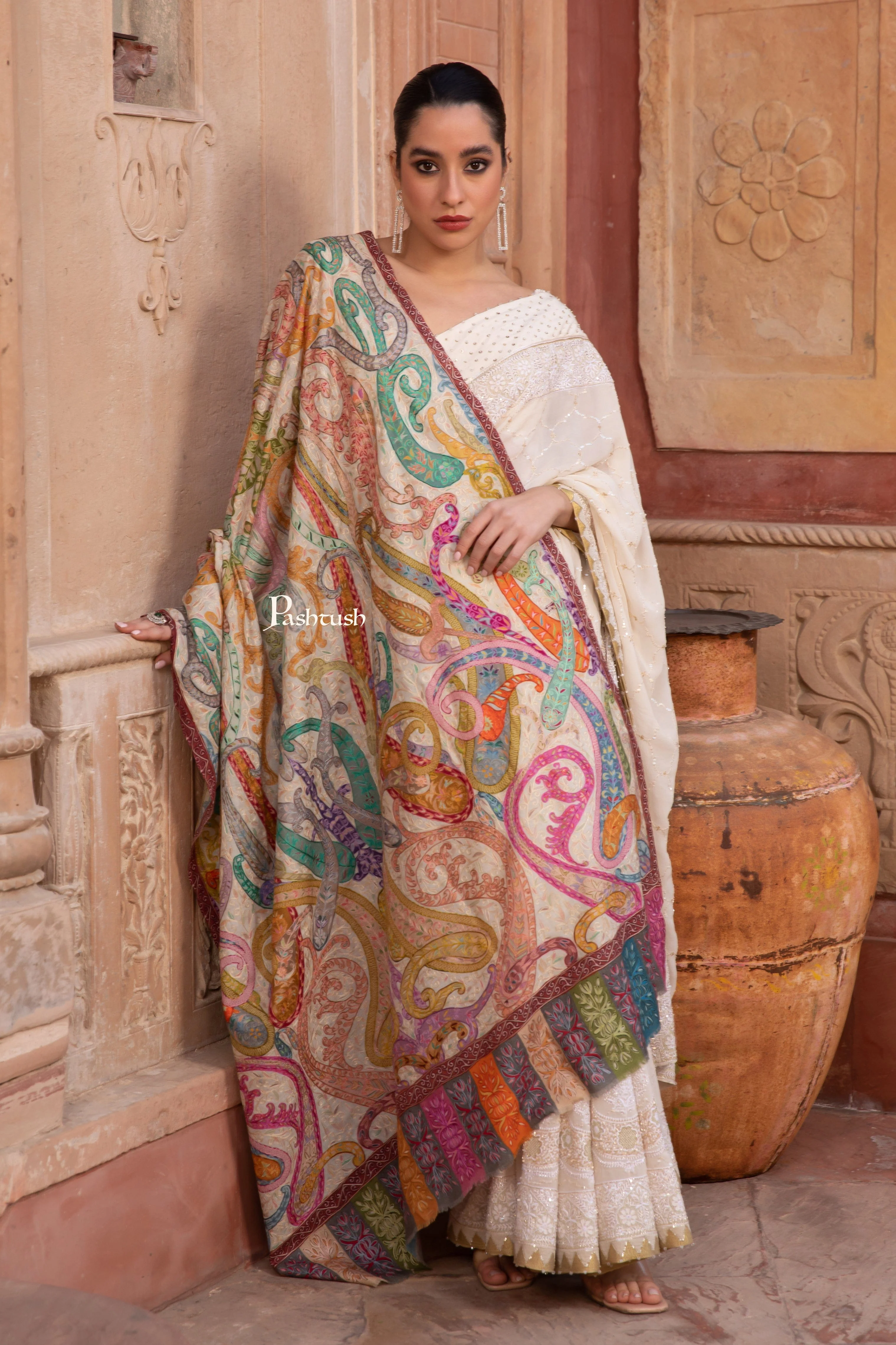 Pashtush Womens Kalamkari Shawl with Hand Embroidered Outline Work, Fine Wool, Shades of Bloom - Image 6