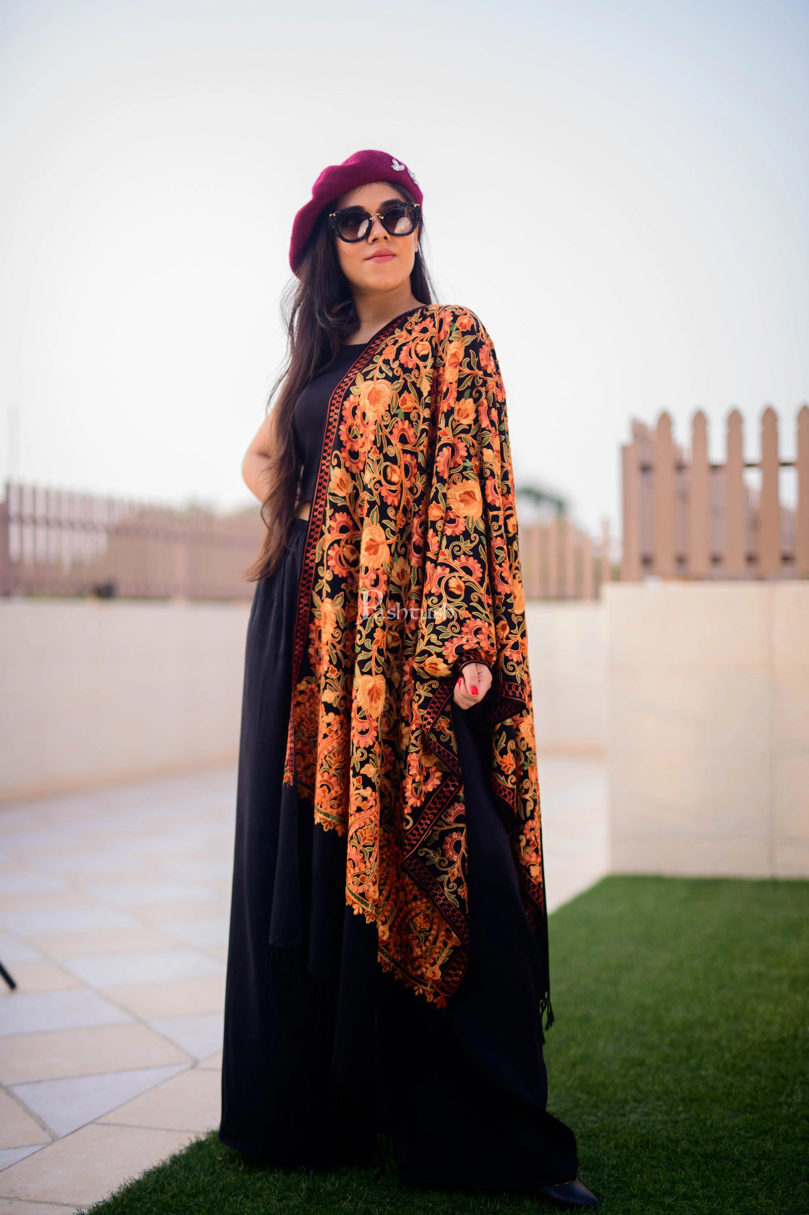 Pashtush Womens Aari Embroidery Stole, Woollen, Black - Image 2