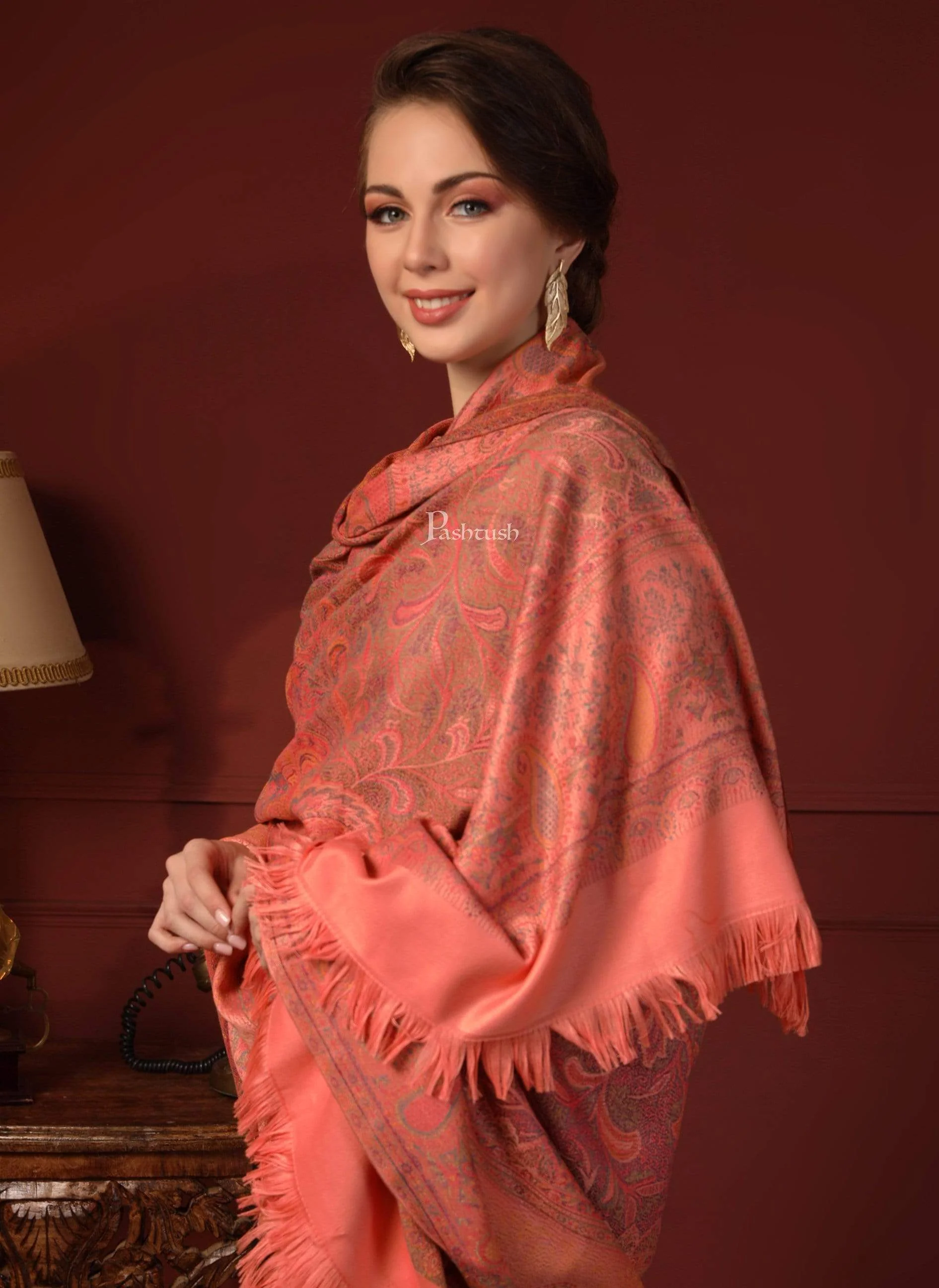 Pashtush Womens Design Jamawar Shawl, Soft And Warm, Peach - Image 4