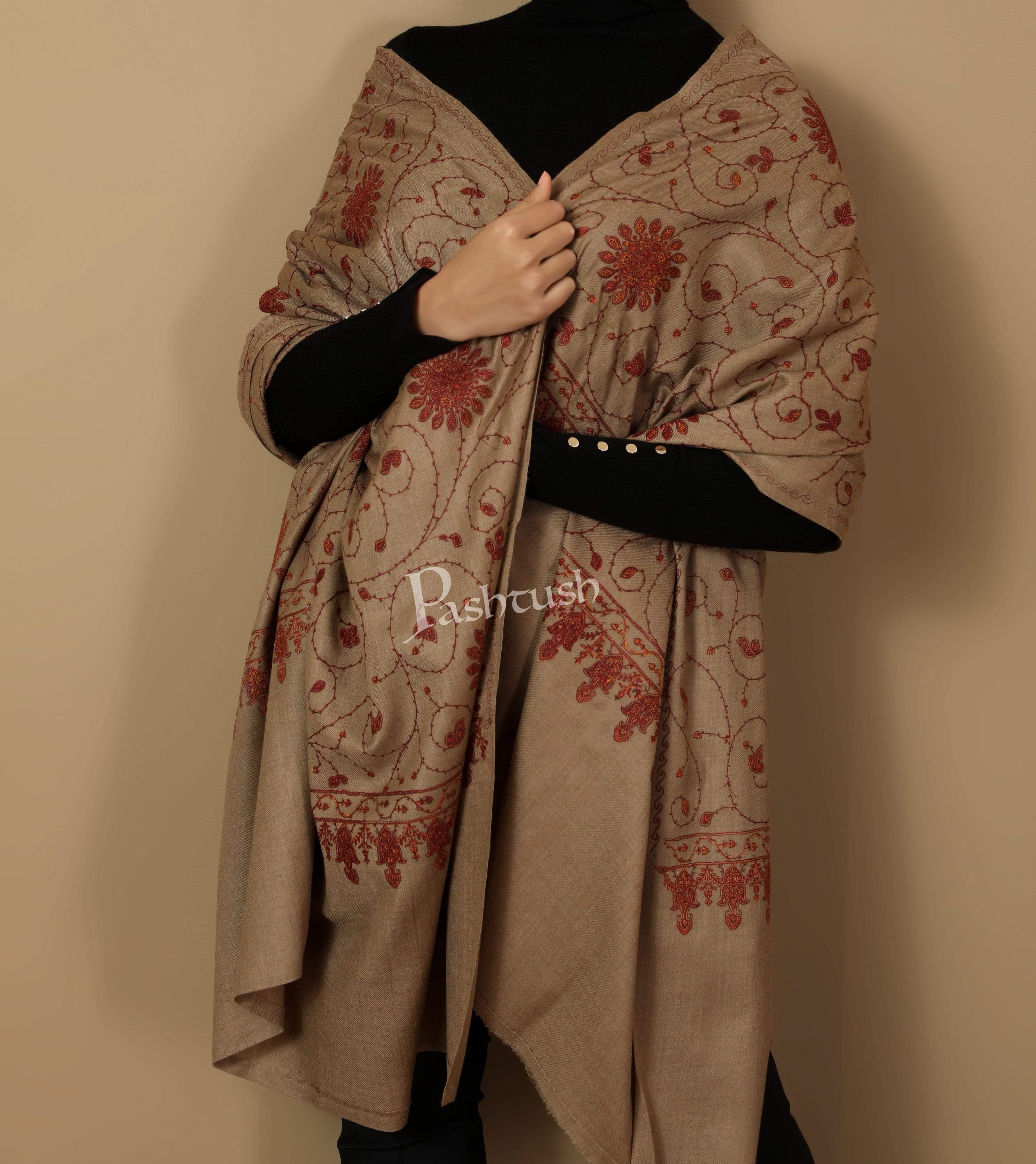 Pashtush Womens Embroidery Jaal, Fine Wool, Taupe - Image 5