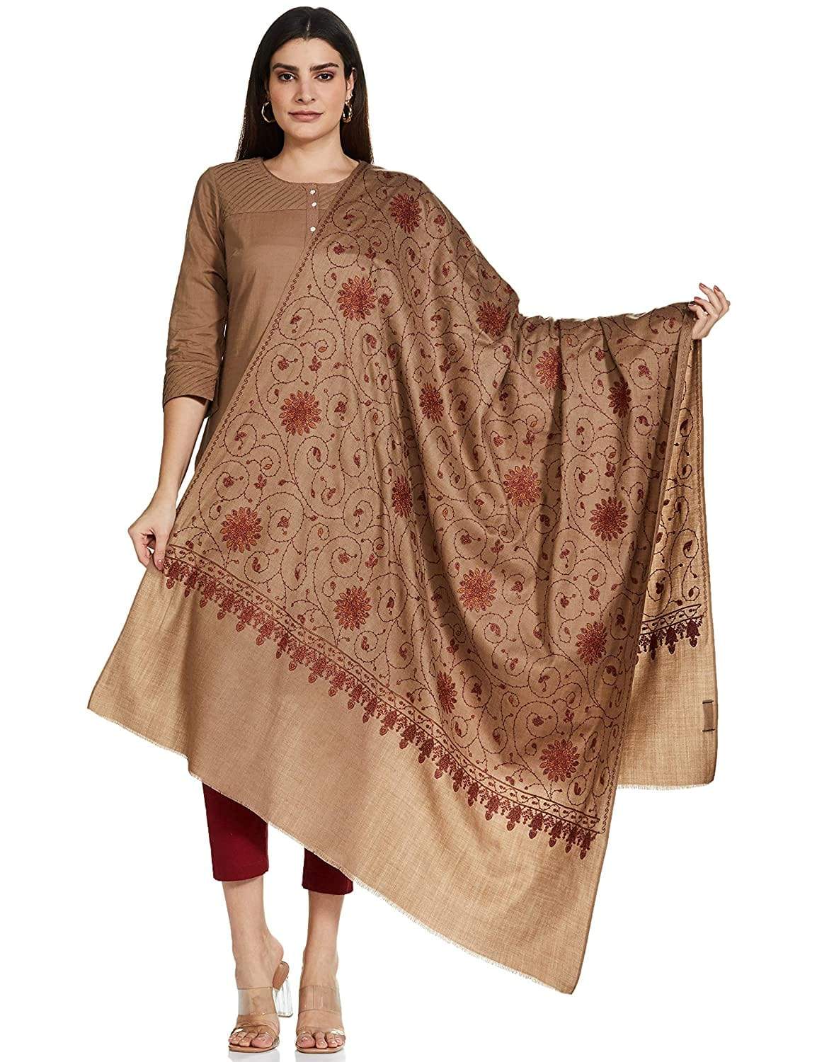 Pashtush Womens Embroidery Jaal, Fine Wool, Taupe - Image 8