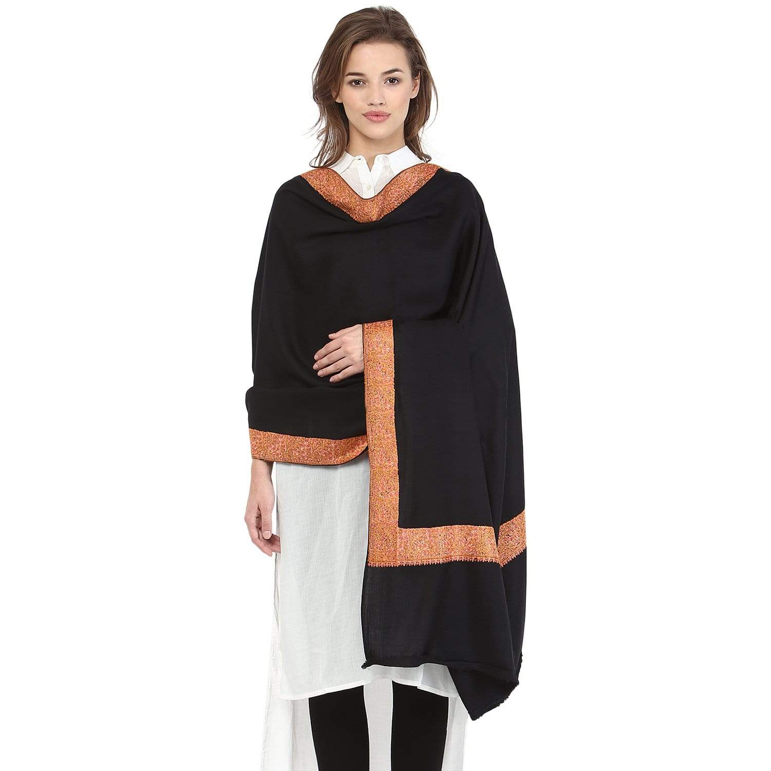 Pashtush Womens Hand Embroidery 100% Pure Wool With Woolmark Certificate Shawl, Challa Daur Border, Black - Image 4
