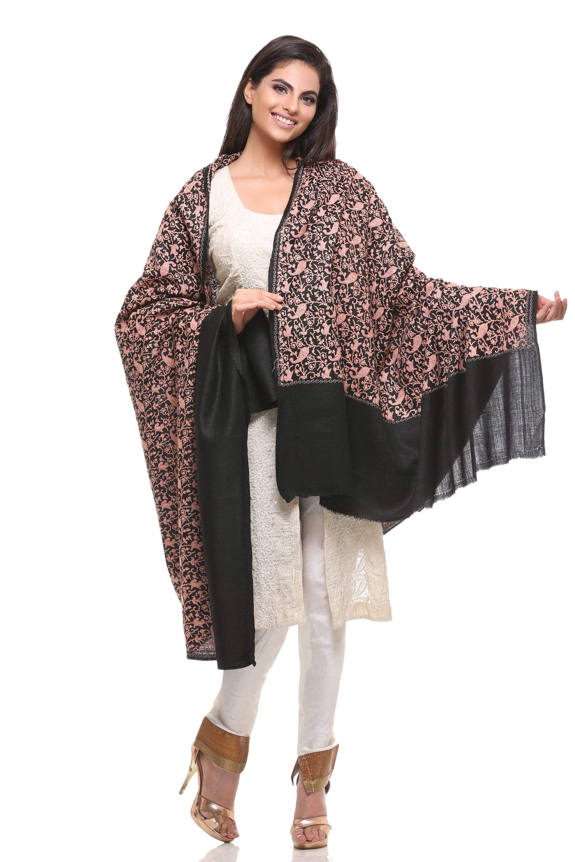 Pashtush Womens Embroidery Shawl, Heavy Design, Silk Thread Needlework, Black - Image 3