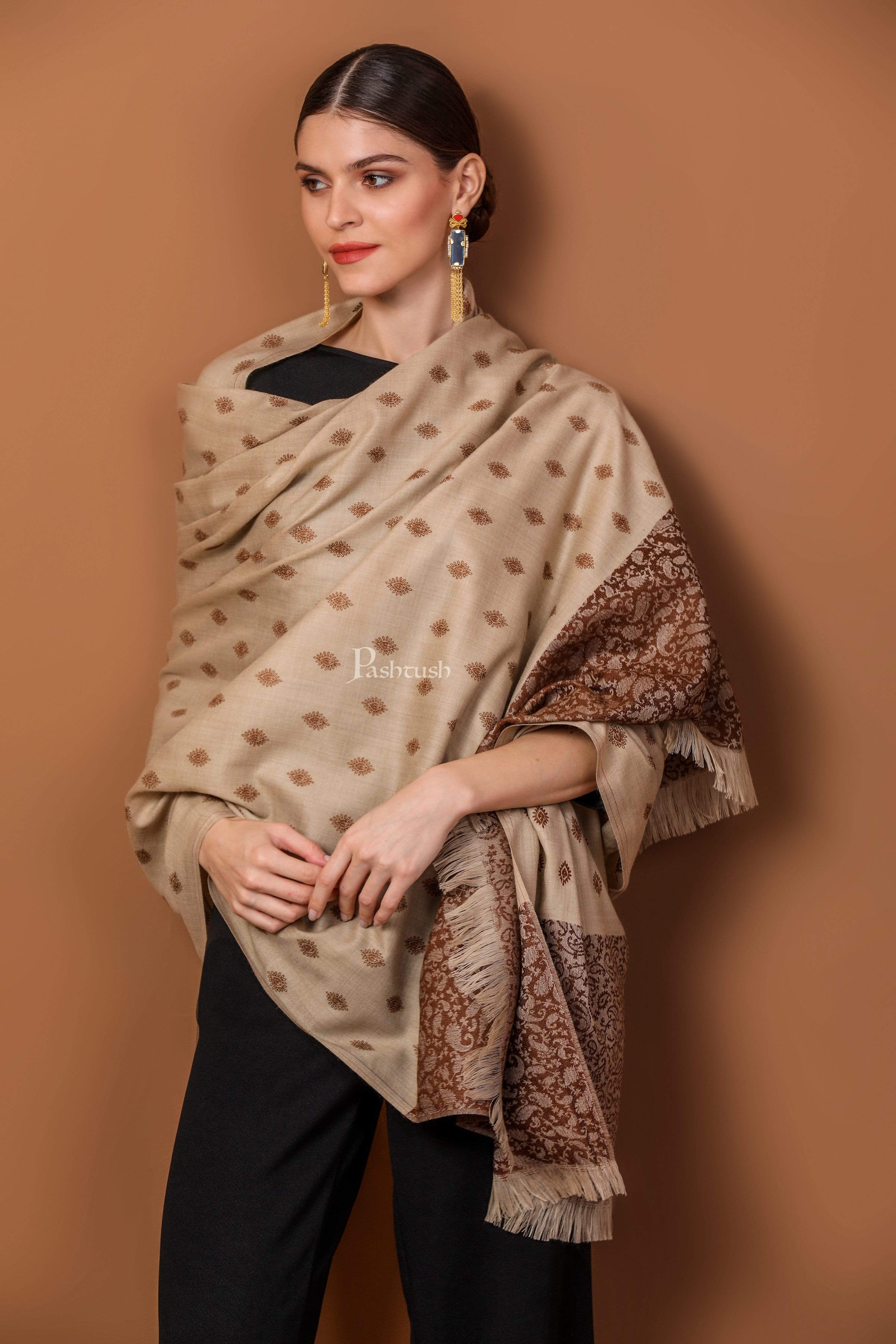 Pashtush Womens Embroidery Shawl, Light Weight And Warm, Espresso And Beige - Image 3
