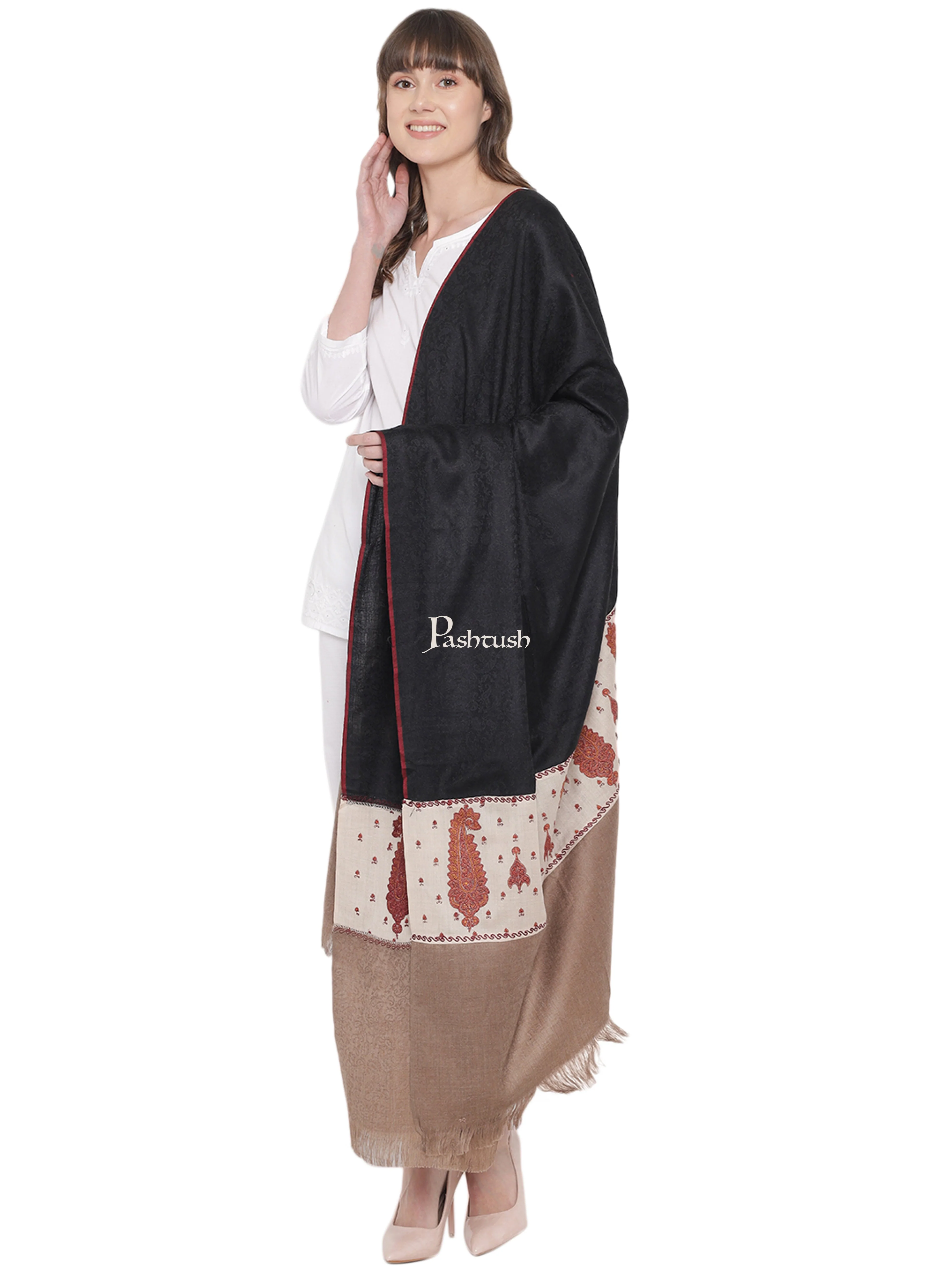 Pashtush Womens Kashmiri Embroidery Shawl, Soft and Warm, Stitched Palla, Beige and Black - Image 5