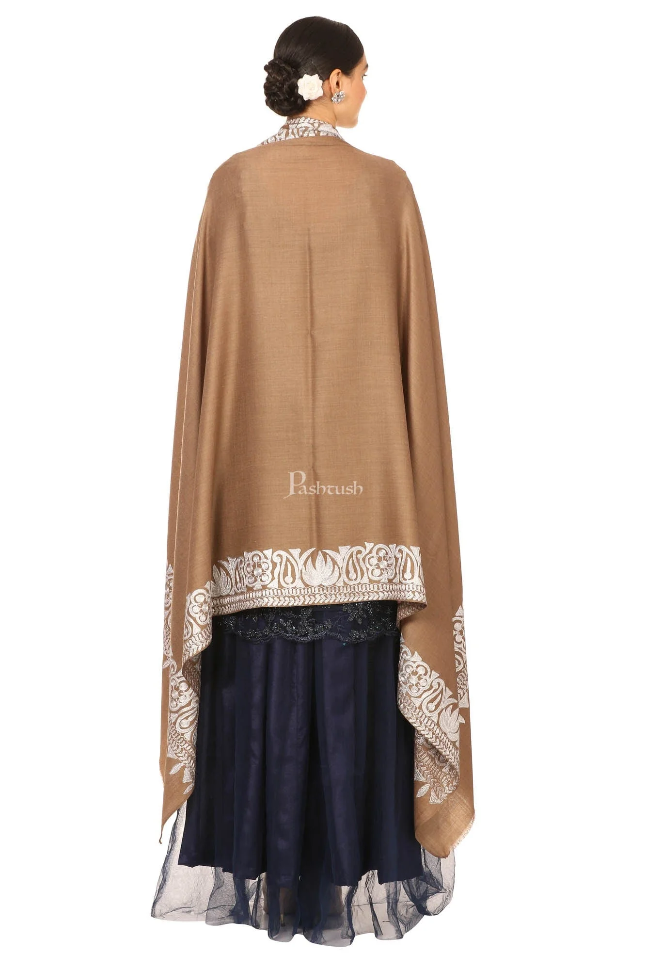 Pashtush Womens Hand Embroidery Shawl, Border Design With Tilla Zari Work - Beige - Image 4