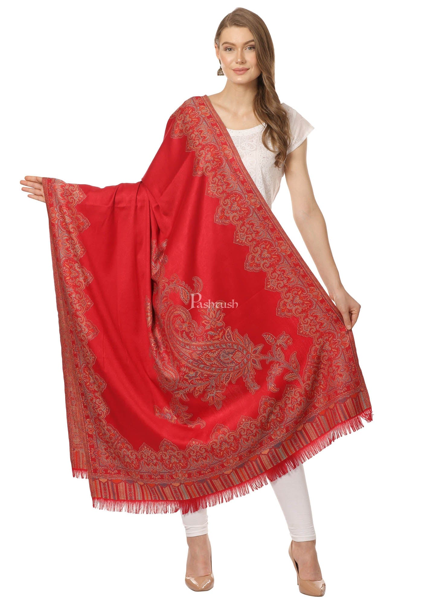 Pashtush Women'S Jacquard Ambi Shawl, Warm And Soft, Faux Pashmina - Maroon - Image 3