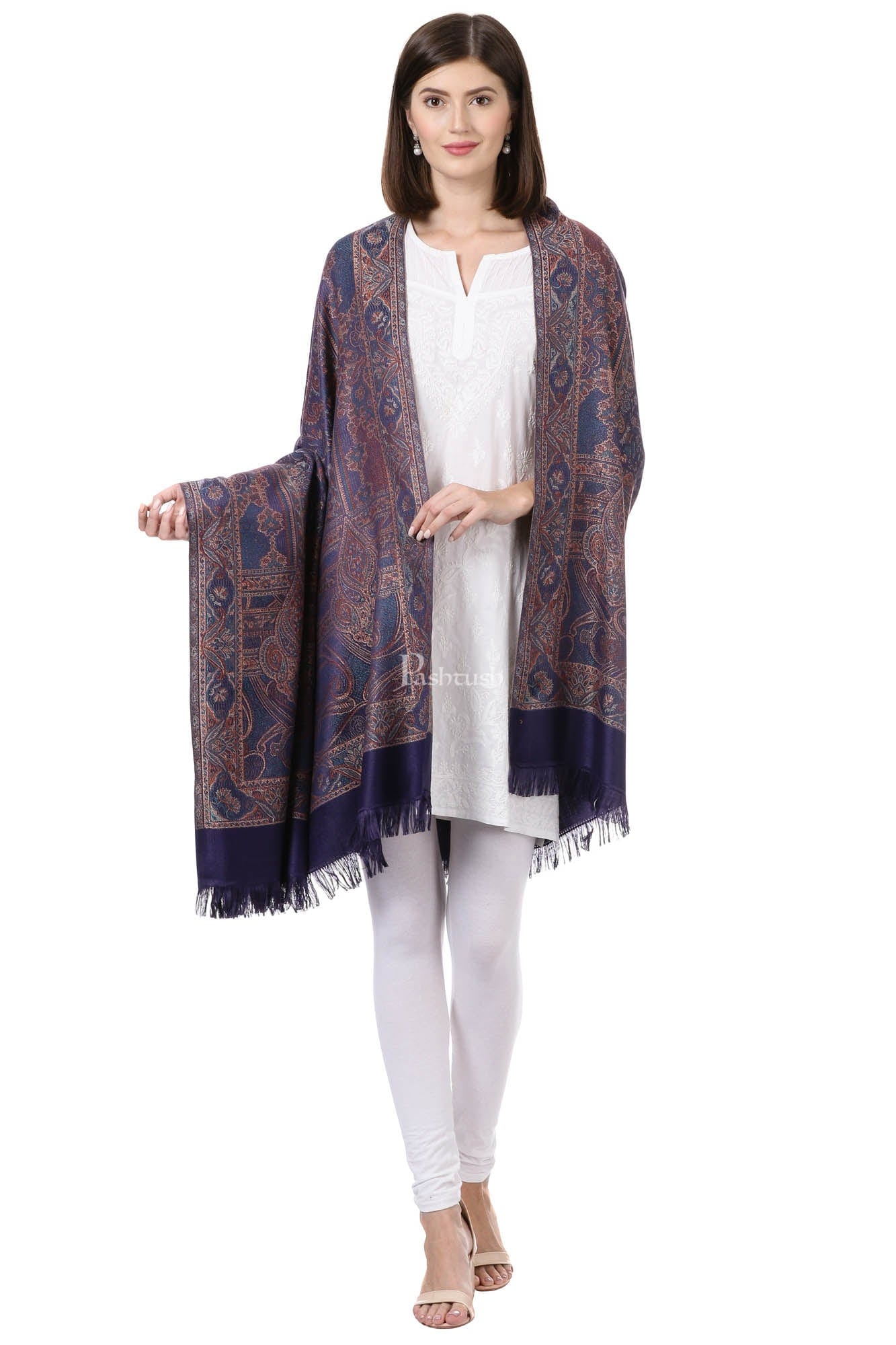 Pashtush Women'S Jamawar Shawl, Navy Blue - Image 5