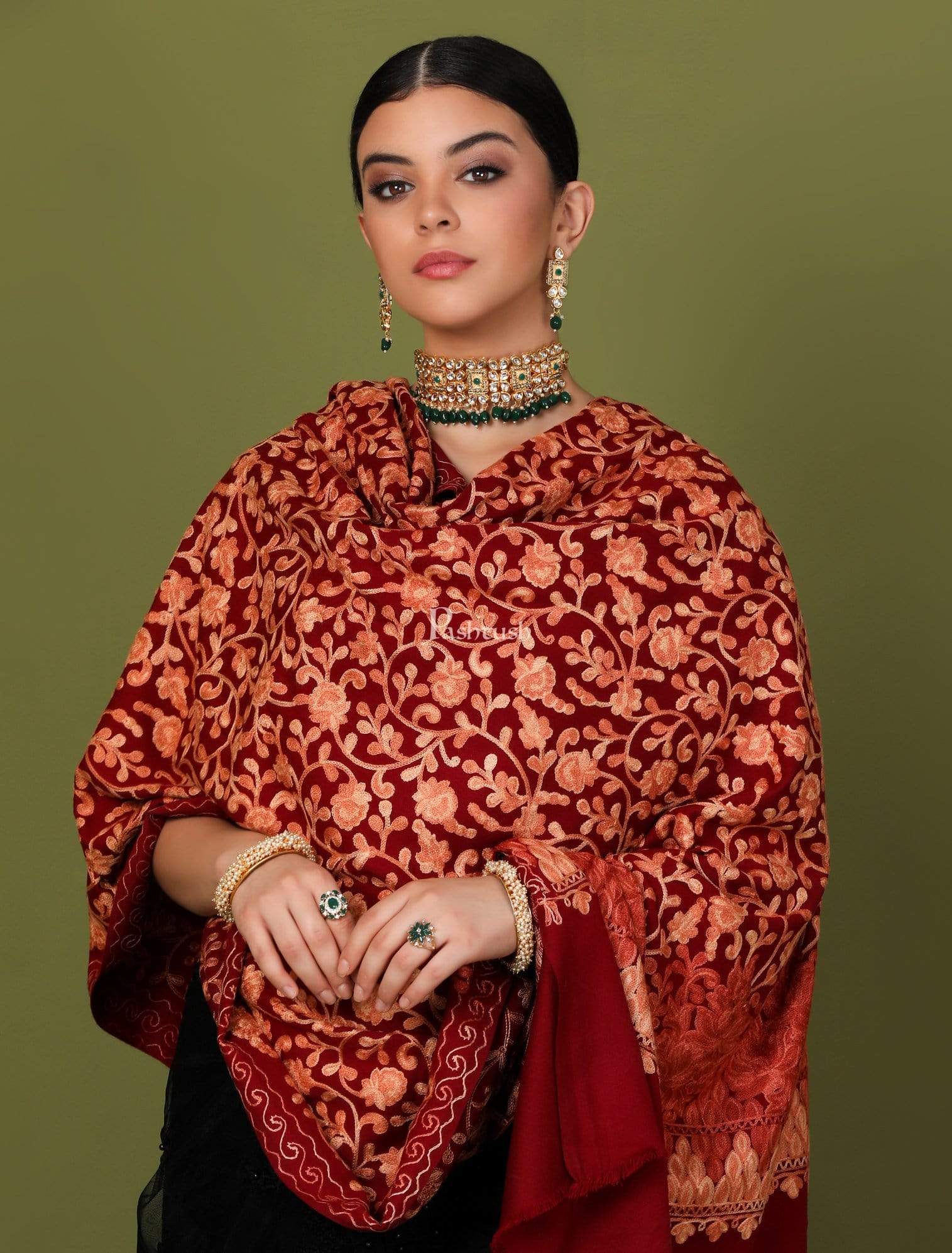 Pashtush Womens Shawl, Aari Embroidery, Maroon - Image 5