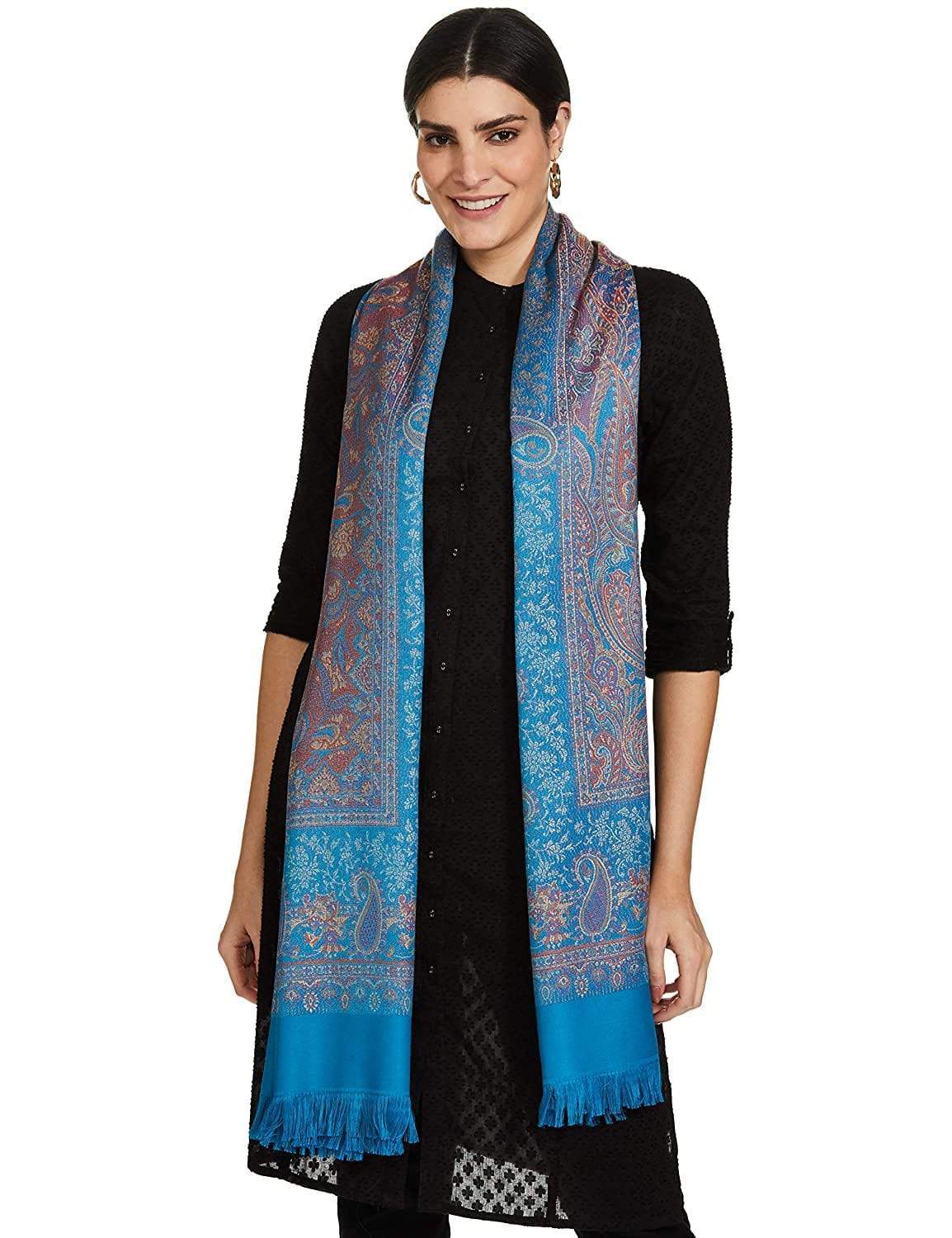 Pashtush Women'S Shawl, Faux Pashmina Design, Arabic Blue - Image 3