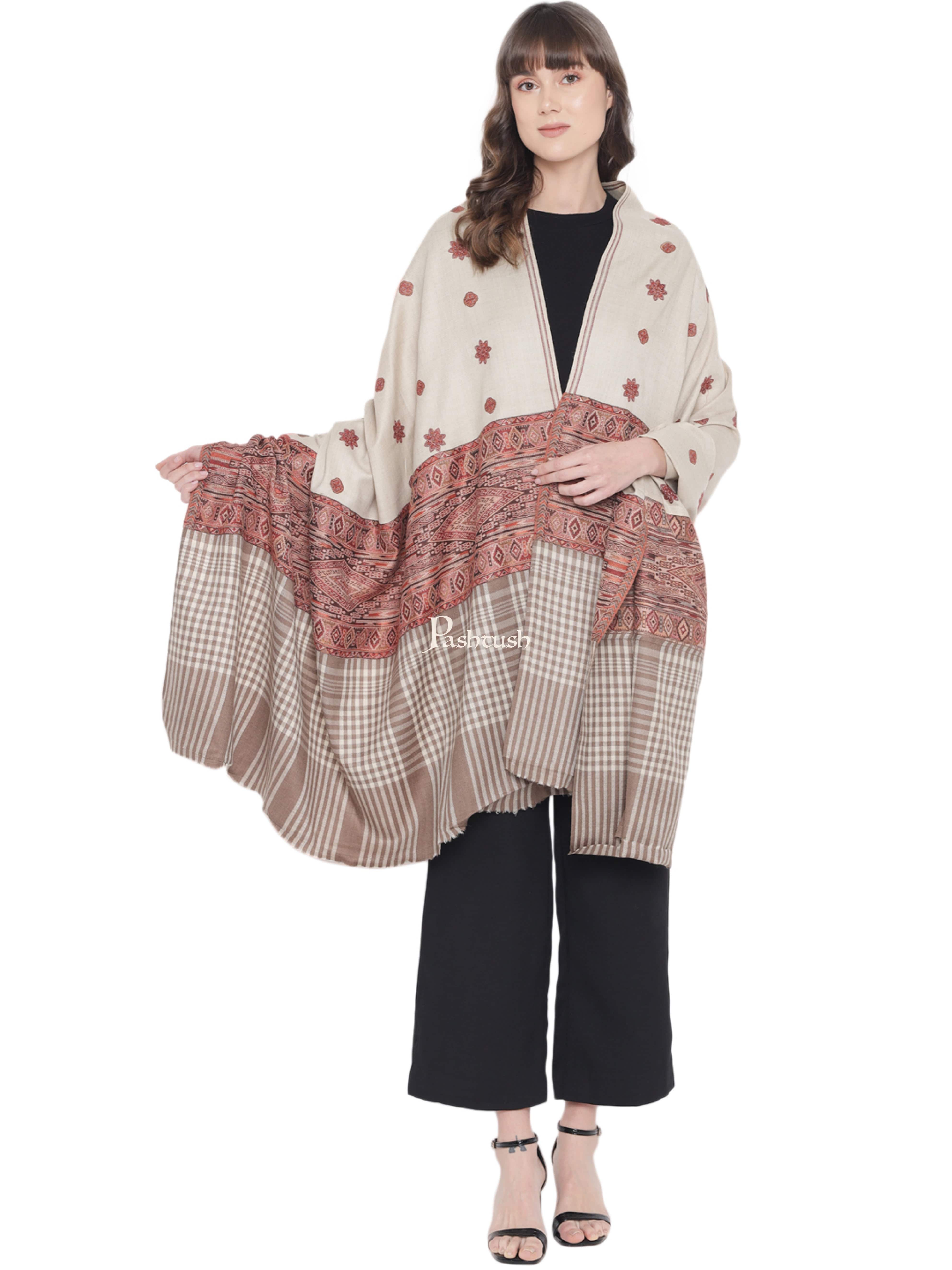 Pashtush Womens Kashmiri Shawl, Woollen, Checkered Stitched Palla, Beige - Image 4