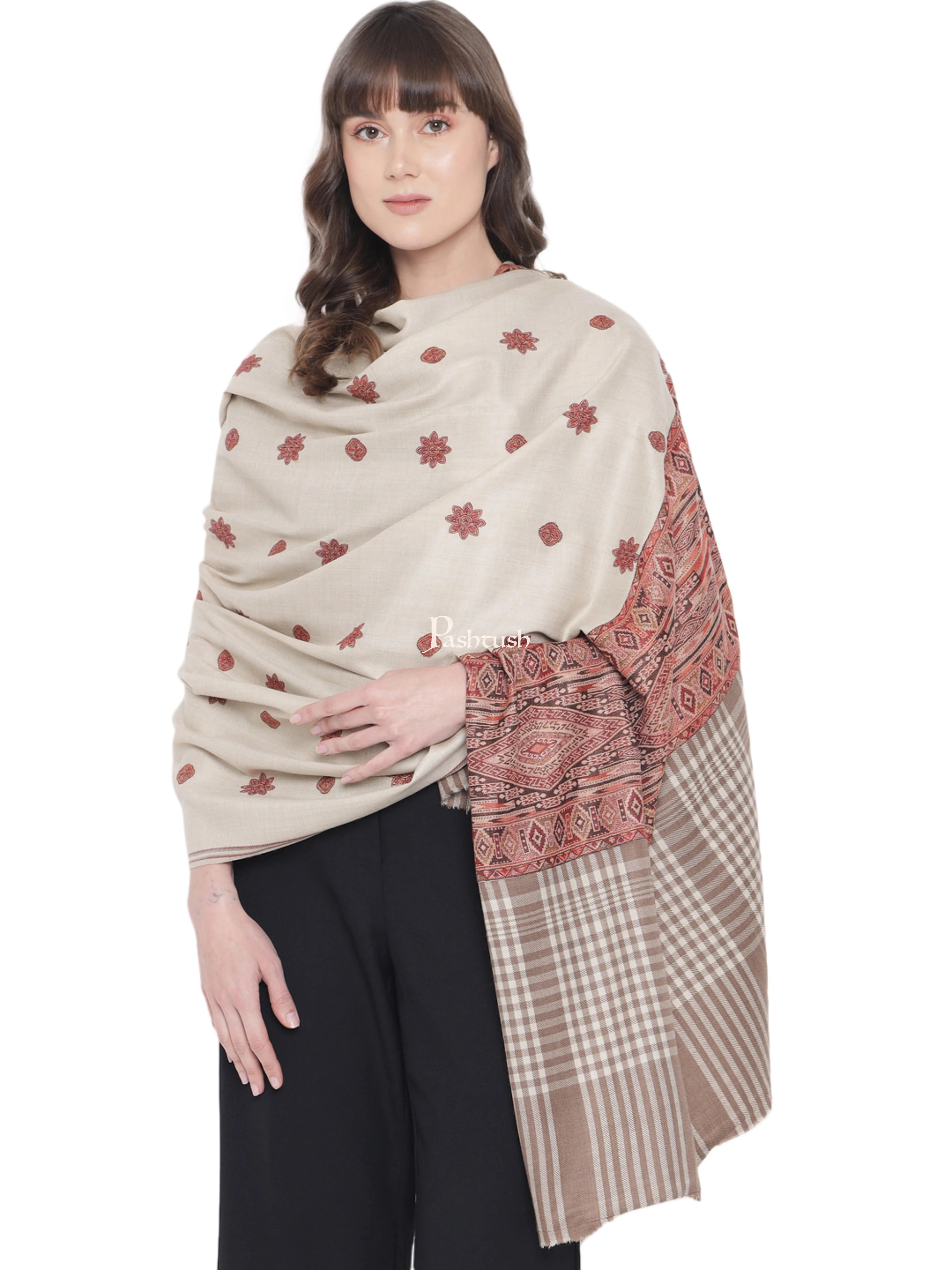 Pashtush Womens Kashmiri Shawl, Woollen, Checkered Stitched Palla, Beige - Image 5