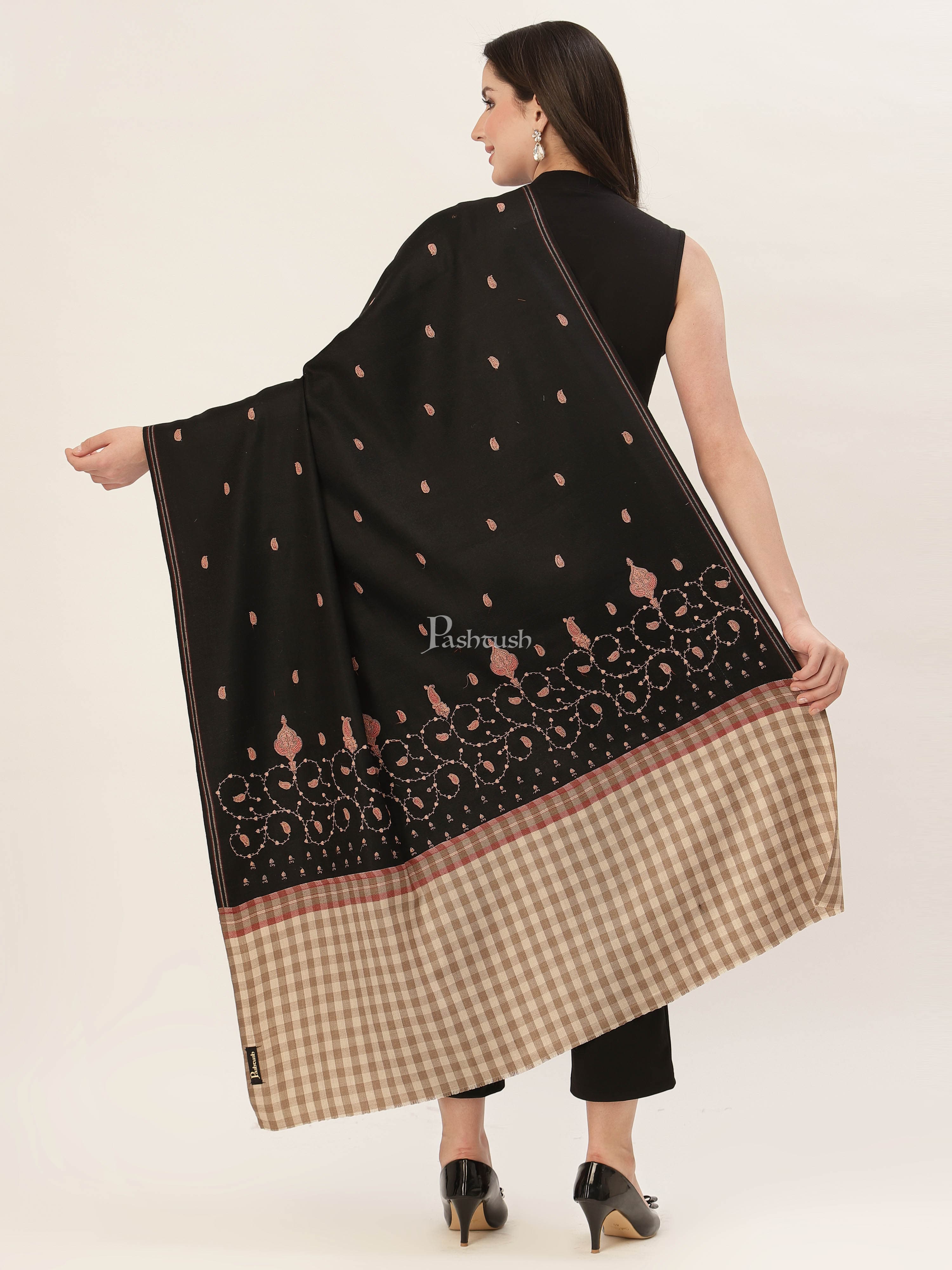 Pashtush Womens Kashmiri Shawl, Woollen, Stitched Palla, Needlework, Embroidery Beige - Image 3