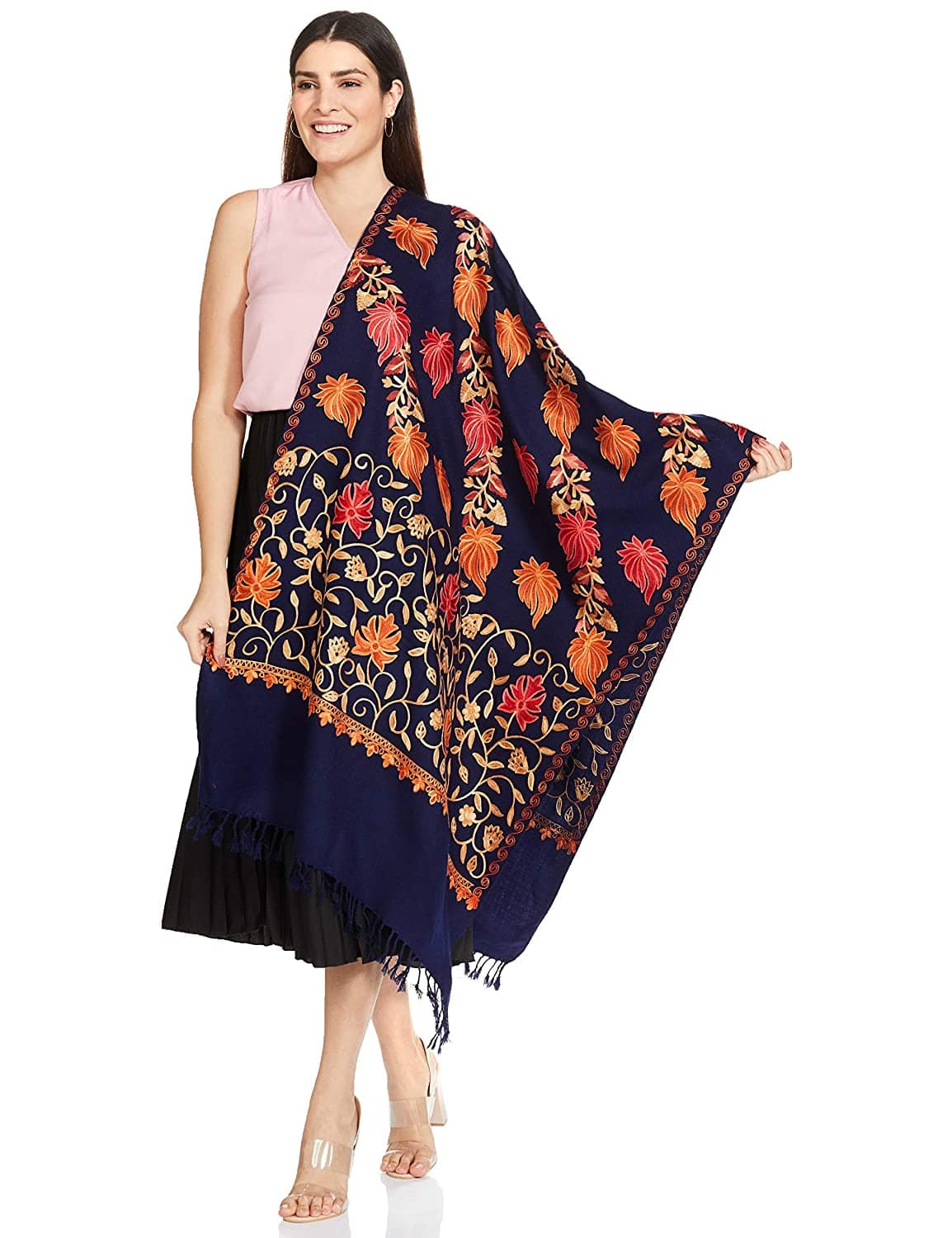 Pashtush Womens Stole, Aari Embroidery, Chinaar Design Navy Blue - Image 8