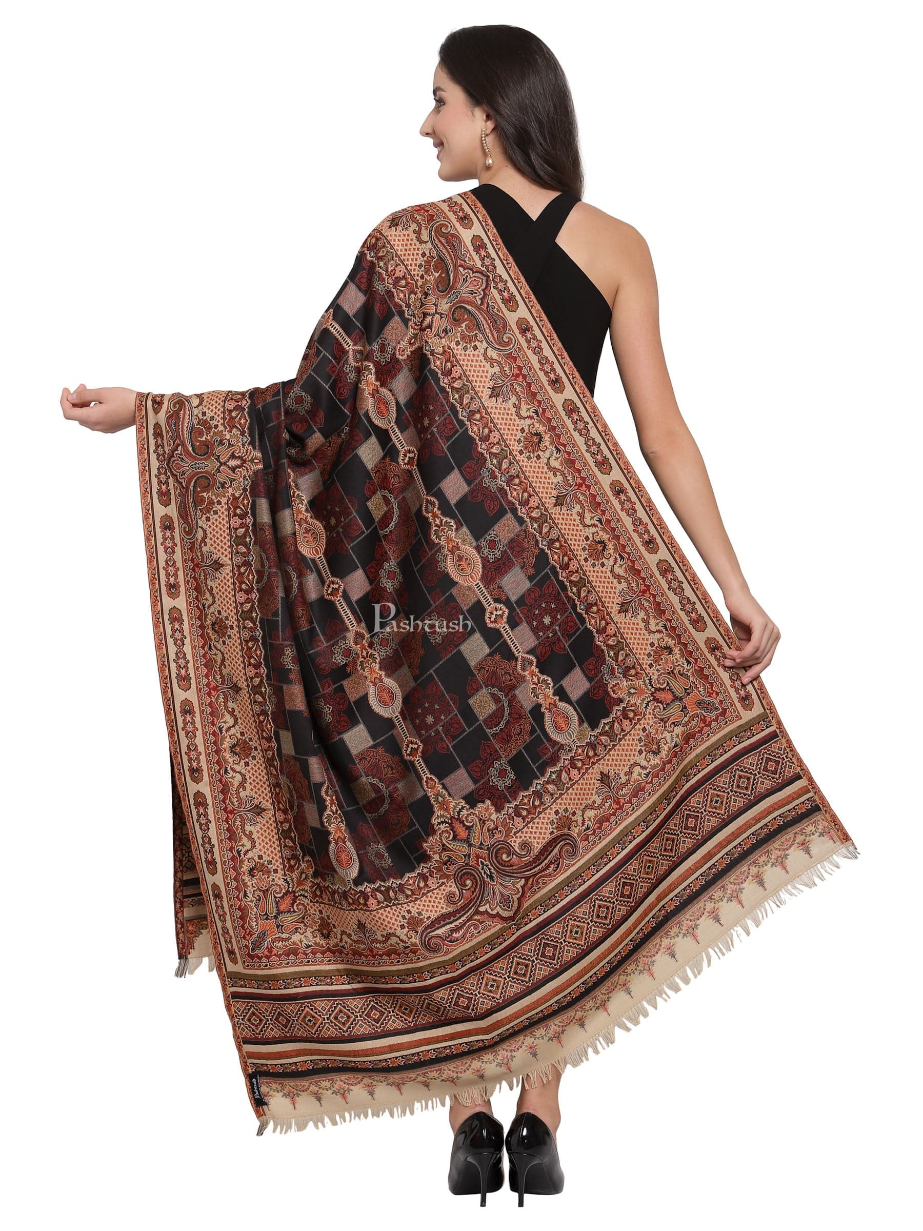 Pashtush Womens Aztec Jamawar Shawl, Faux Pashmina -Black - Image 3