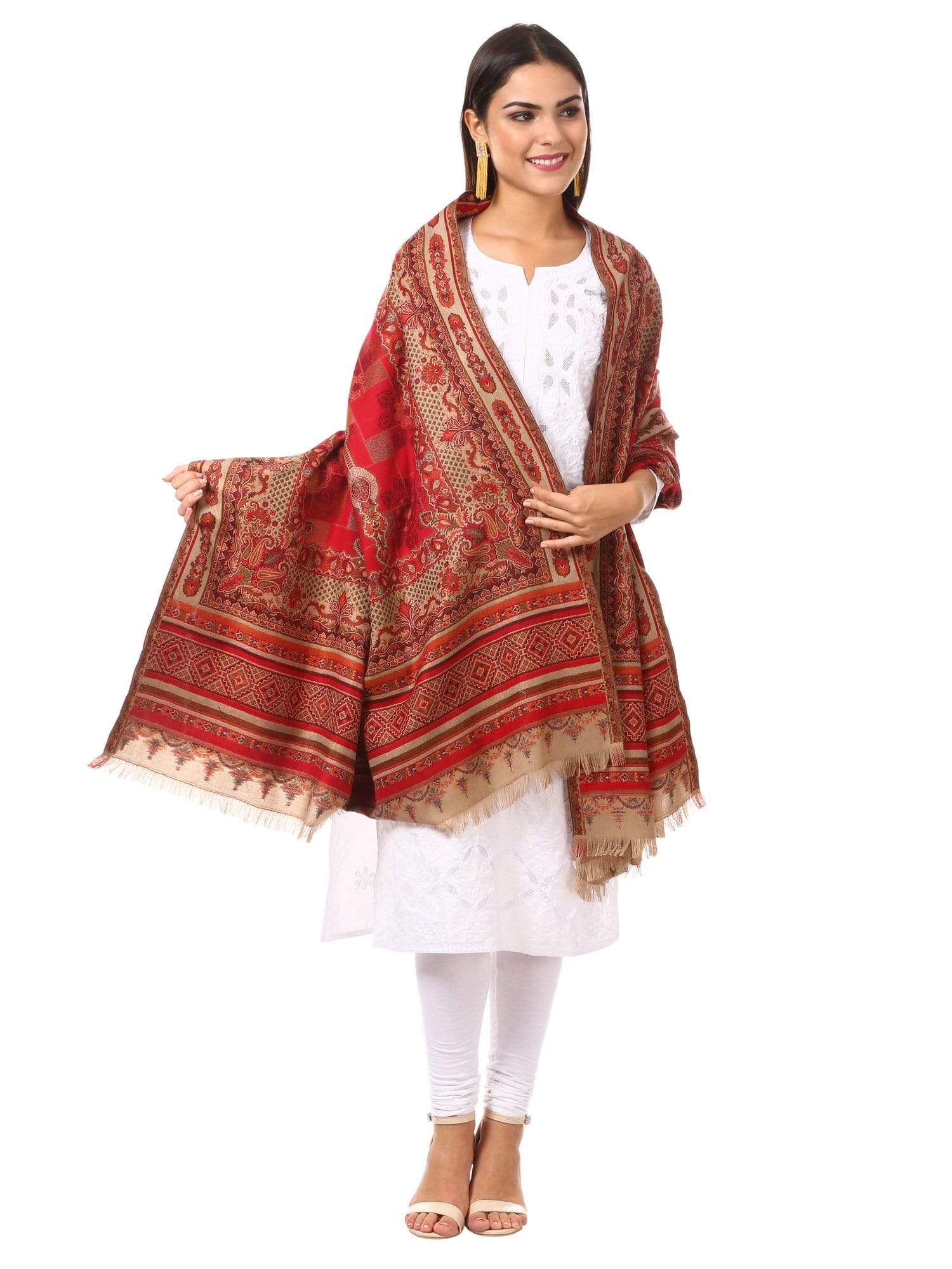 Pashtush Womens Aztec Jamawar Shawl, Faux Pashmina - Maroon Maroon - Image 5