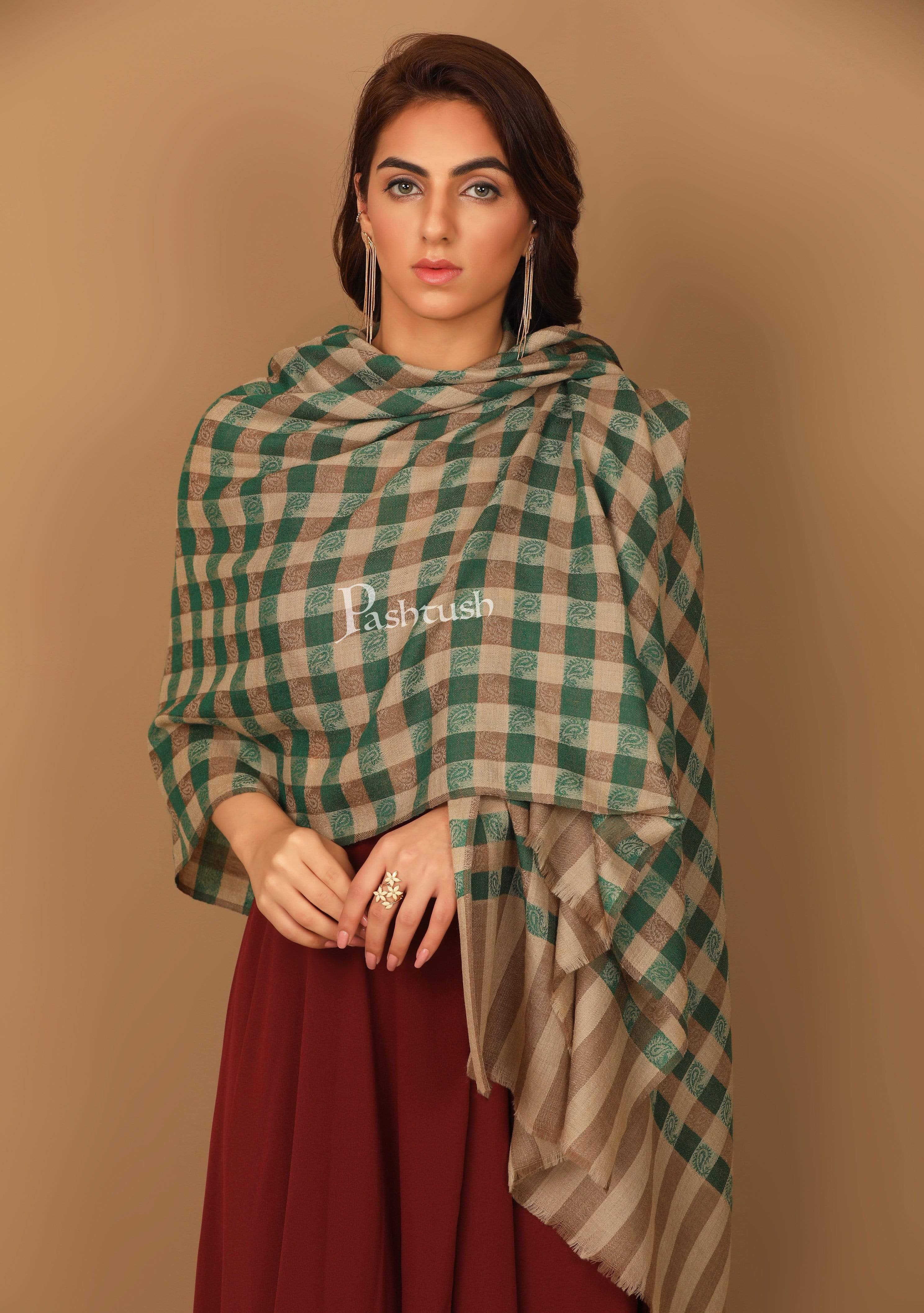 Pashtush Womens Luxury Wool Check Scarf,  Reversible, Extra-Fine, Jade Colour - Image 5