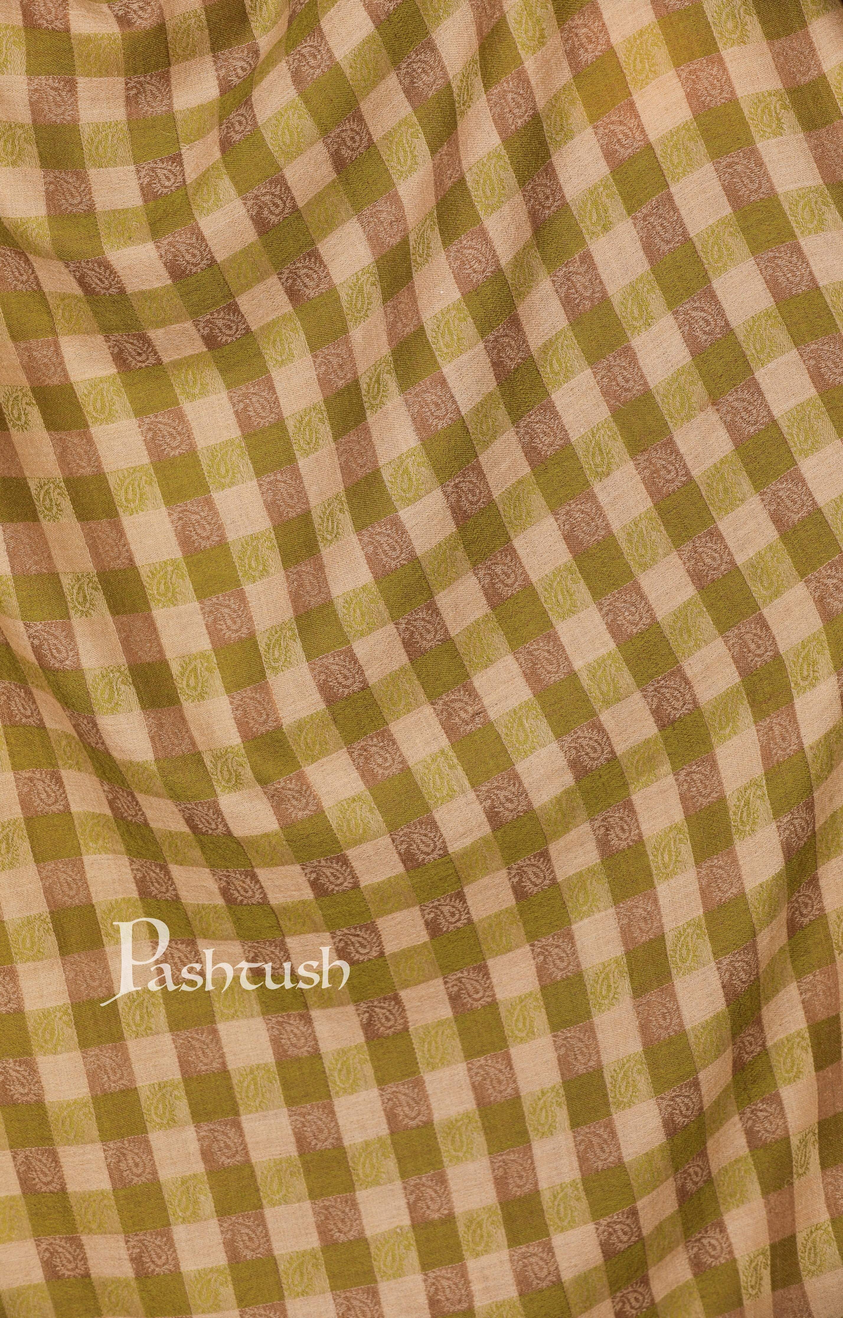 Pashtush Womens Luxury Wool Check Scarf,  Reversible, Extra-Fine, Beige And Sea Green - Image 2
